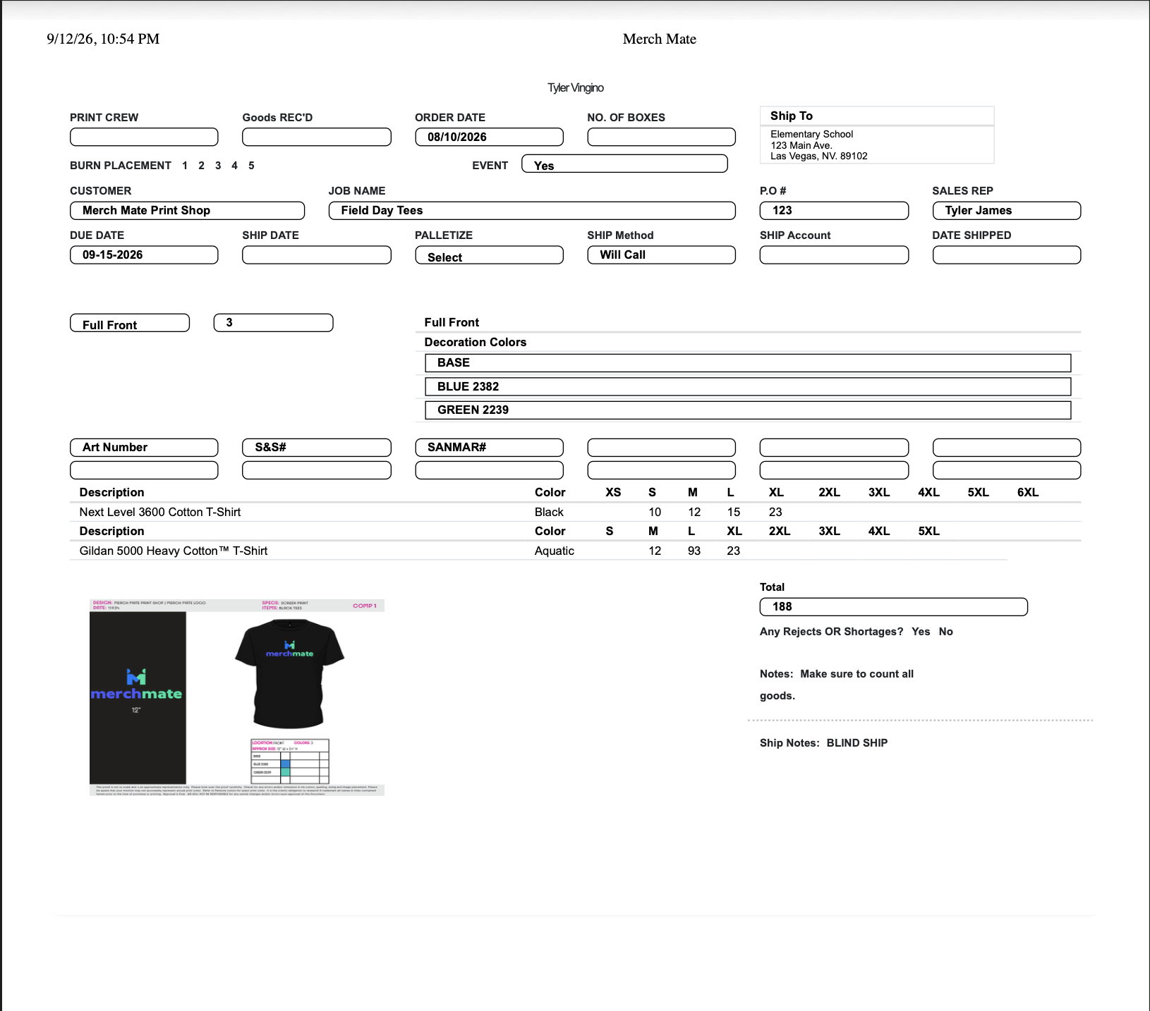 Merch Mate one page production order form with size breakdown and print locations