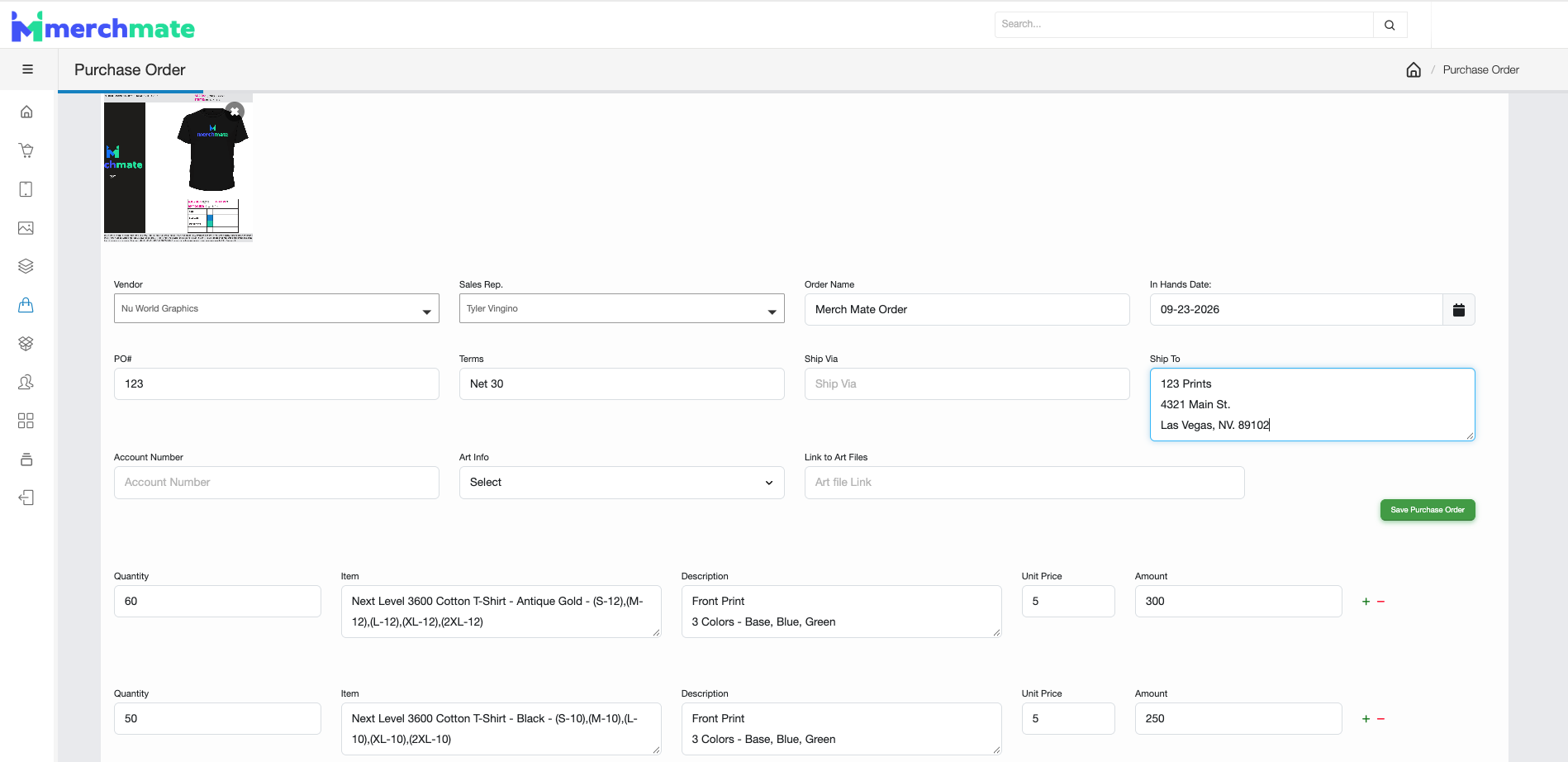 Merch Mate purchase order screen with vendor, ship-to, and garment line items