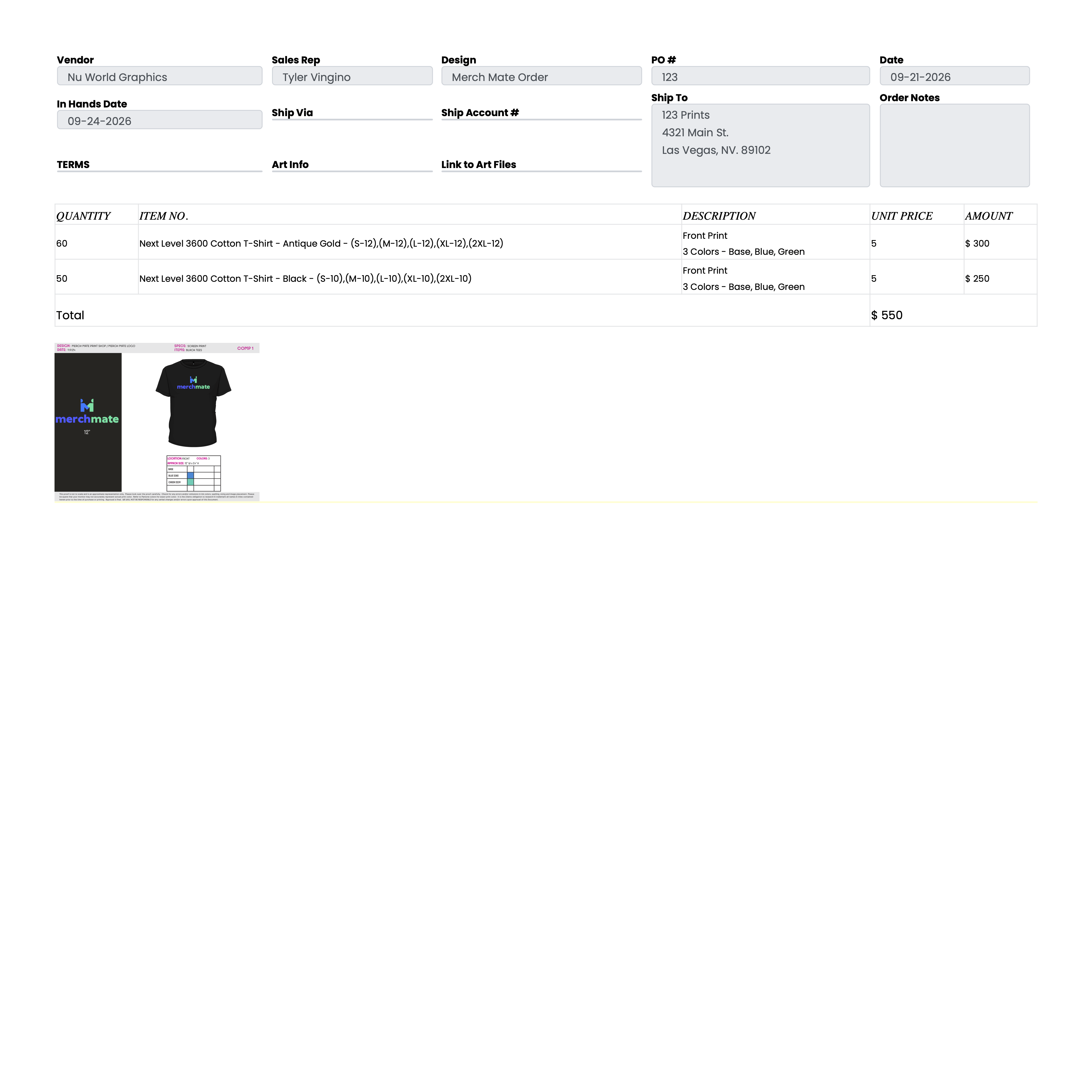 Finished Merch Mate purchase order with vendor, ship-to, size breakdown, pricing, and mockup