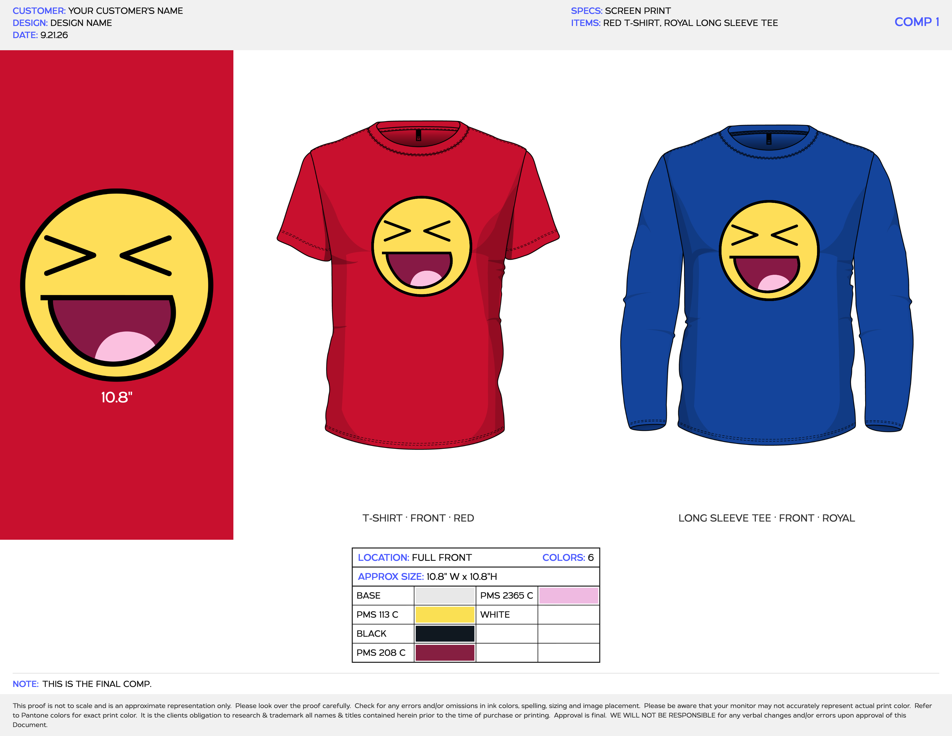 Finished Merch Mate mockup proof showing a design on a red tee and royal long sleeve with Pantone color breakdown