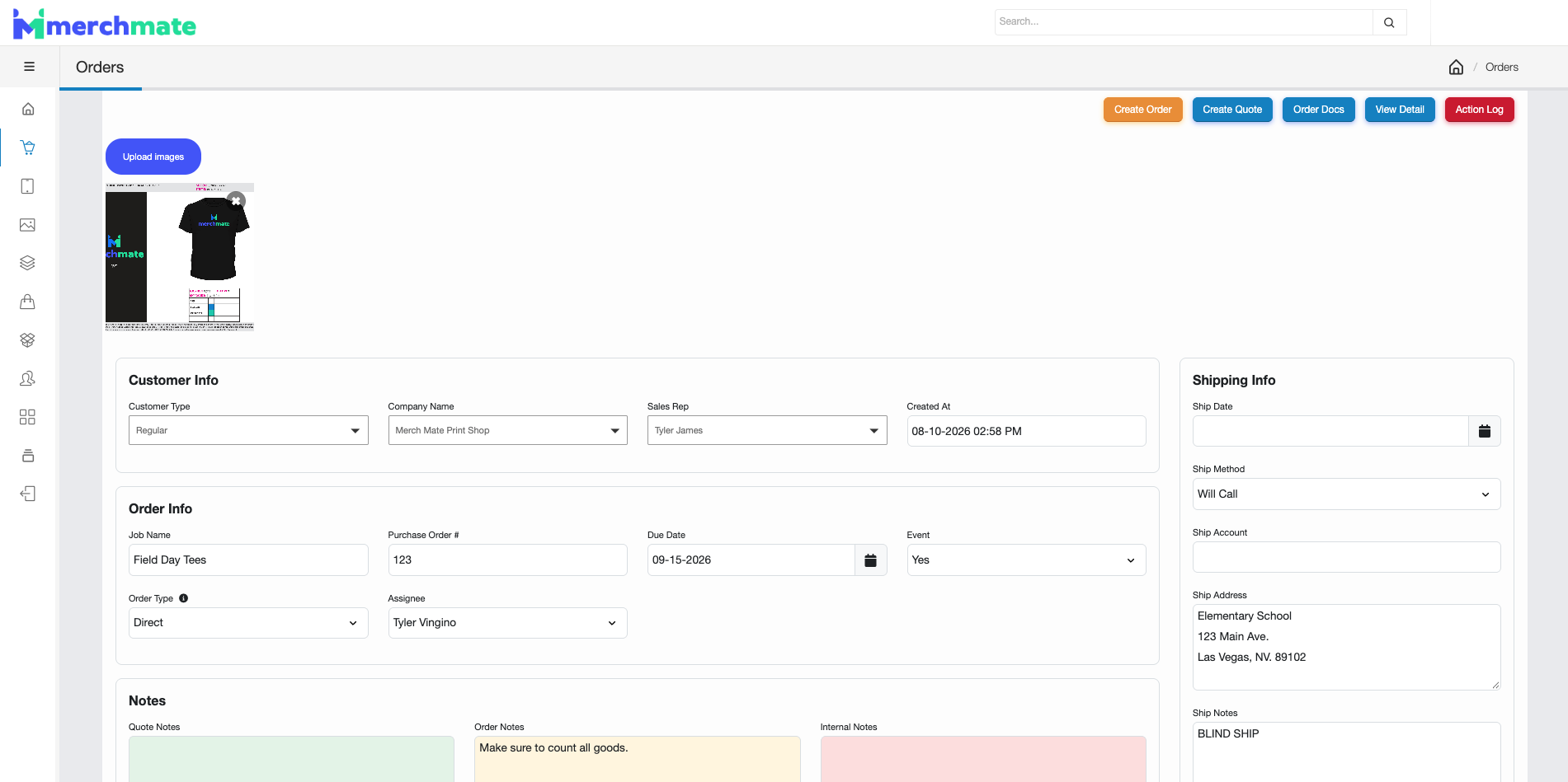 Merch Mate order screen for building a decorated apparel quote