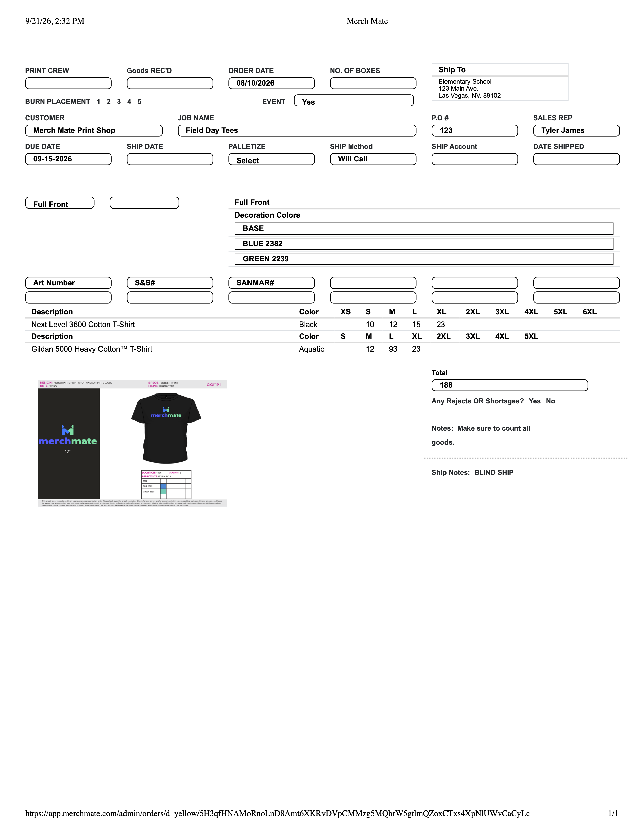 Merch Mate production order form with customer info, job details, print locations, and ink colors