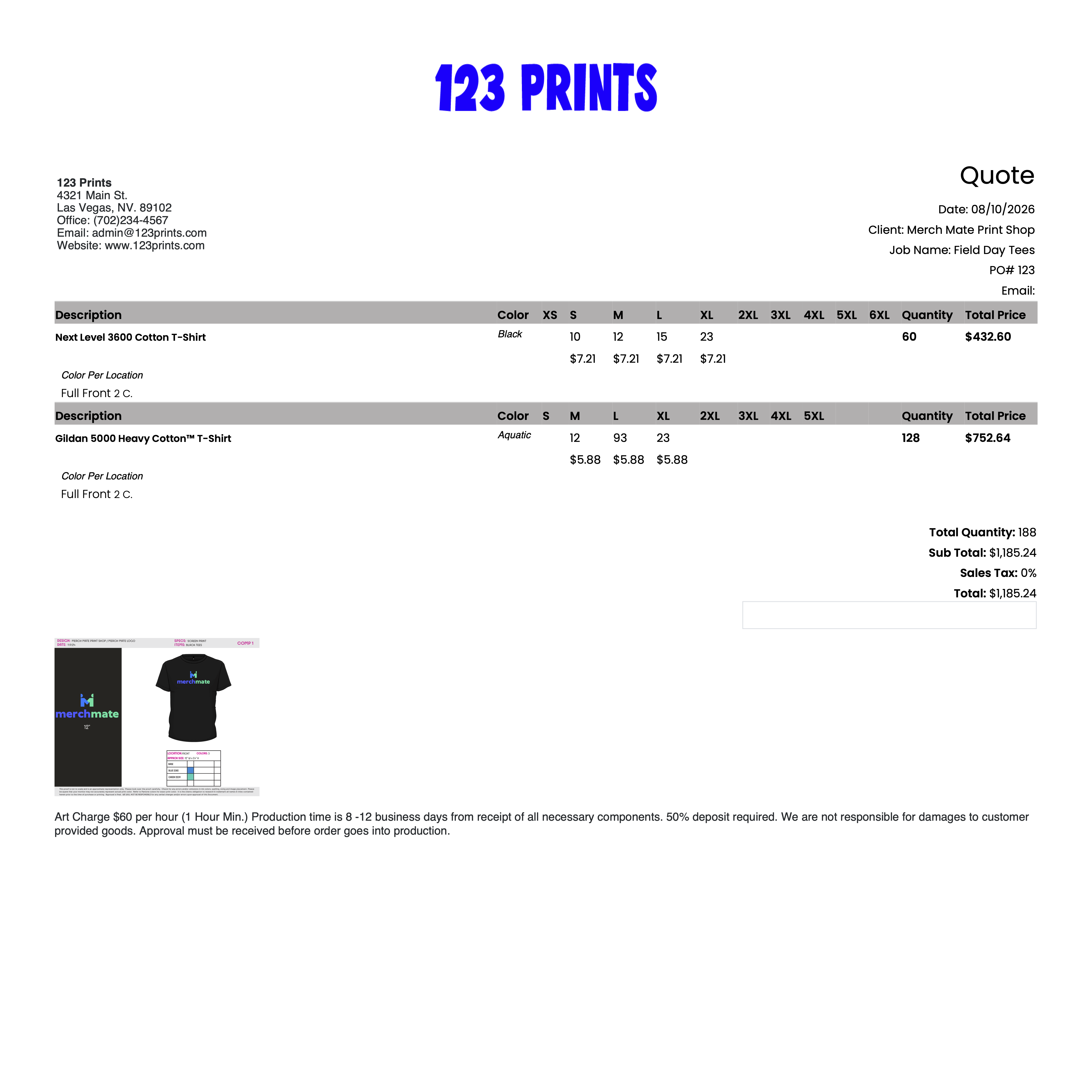 Final Merch Mate customer quote with garment details, size breakdown, and pricing