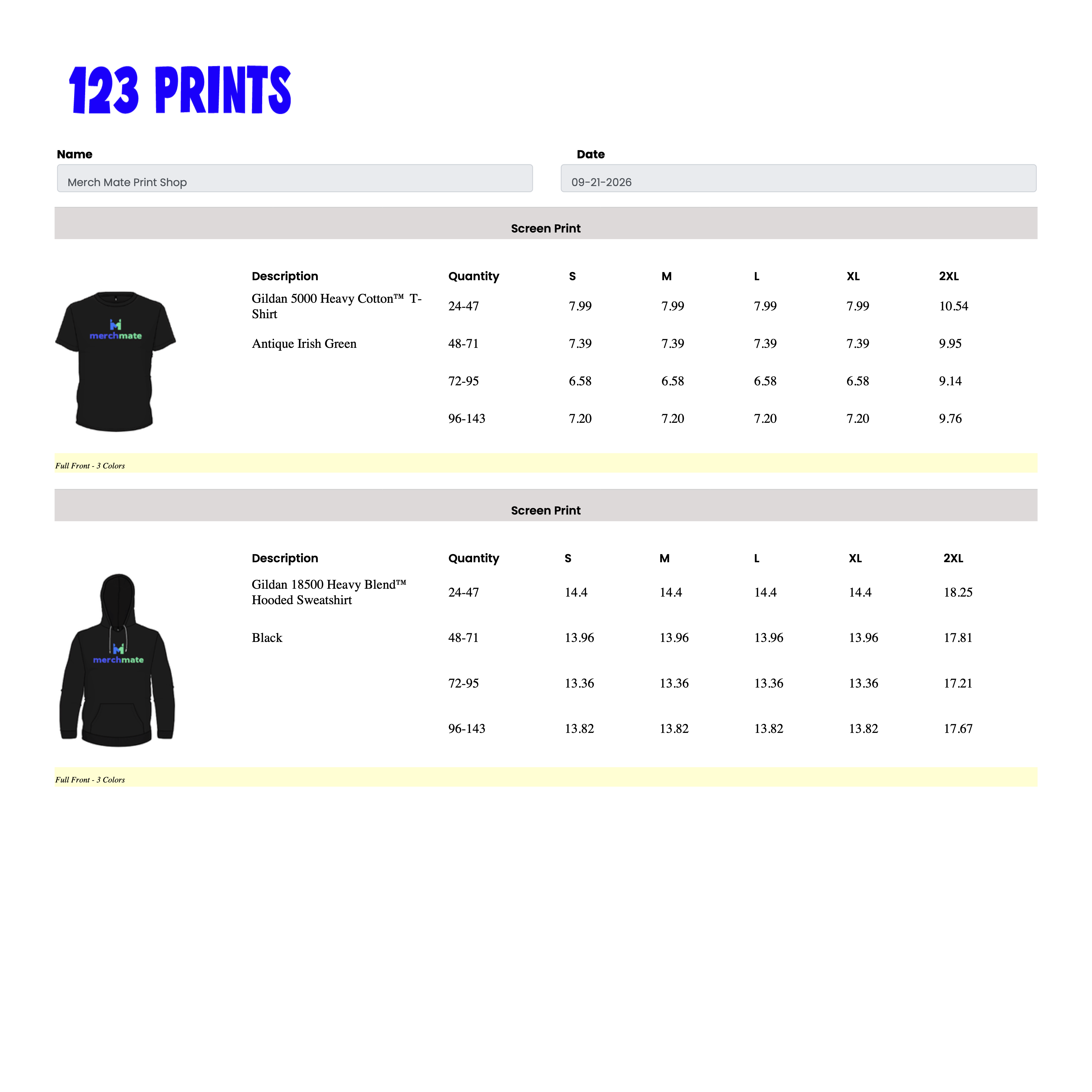Merch Mate merch quote comparing garment pricing at different quantity breaks