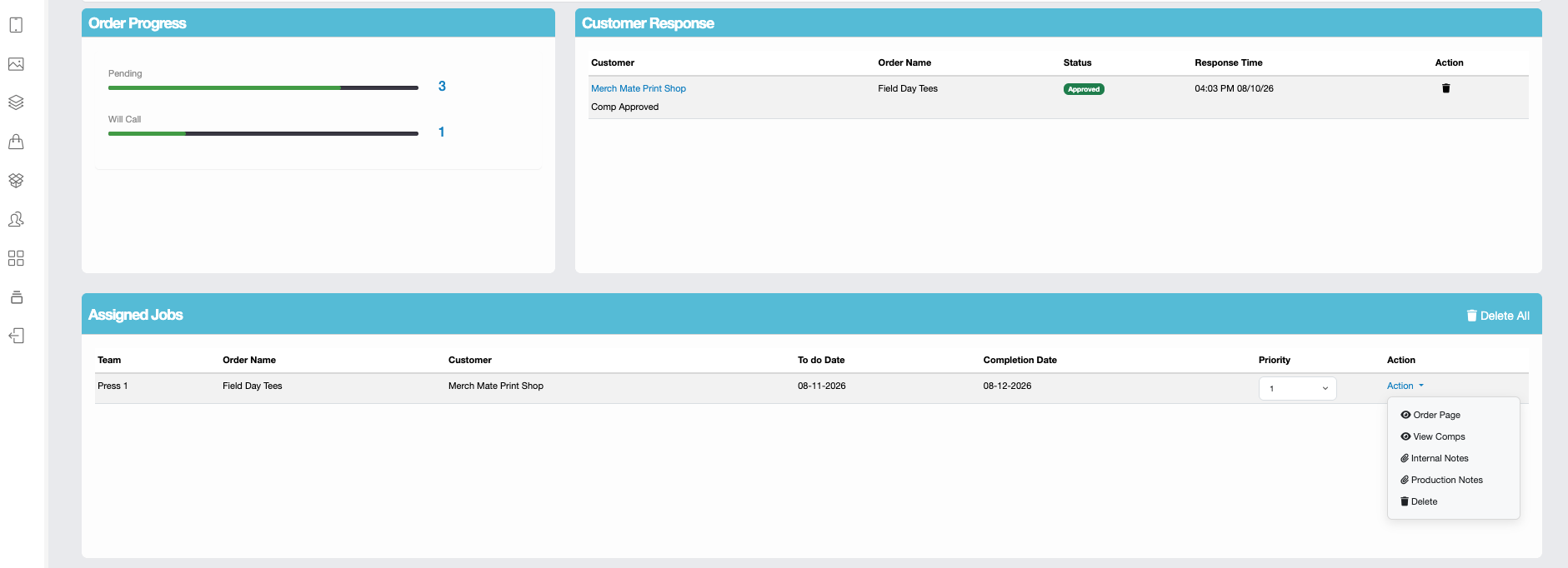 Merch Mate dashboard showing jobs by status, customer responses, and today's production