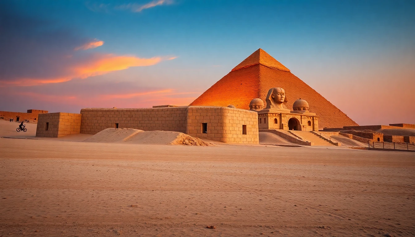Familie steht vor der großen Cheops-Pyramide bei Sonnenaufgang