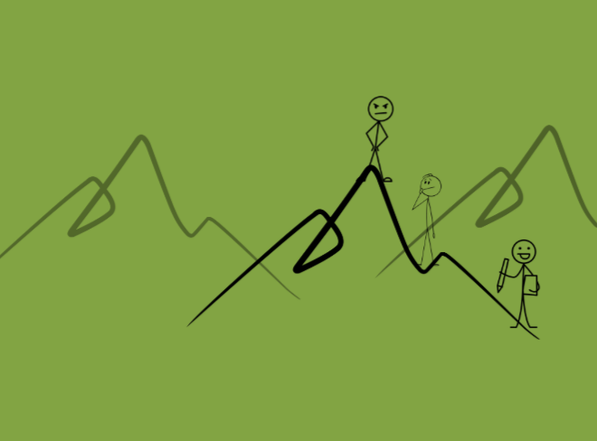 A determined stick figure on top of a mountain