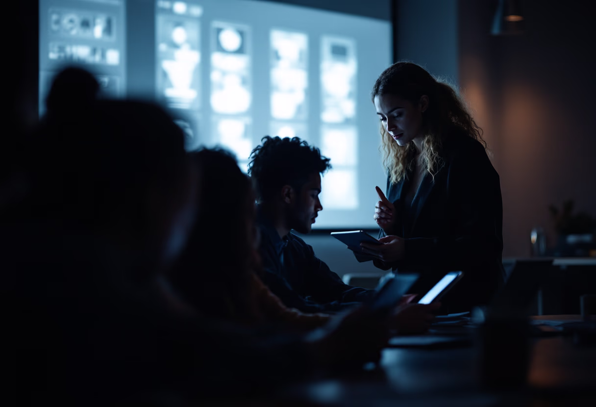image of a teacher interacting with students using digital tools (for an edtech)