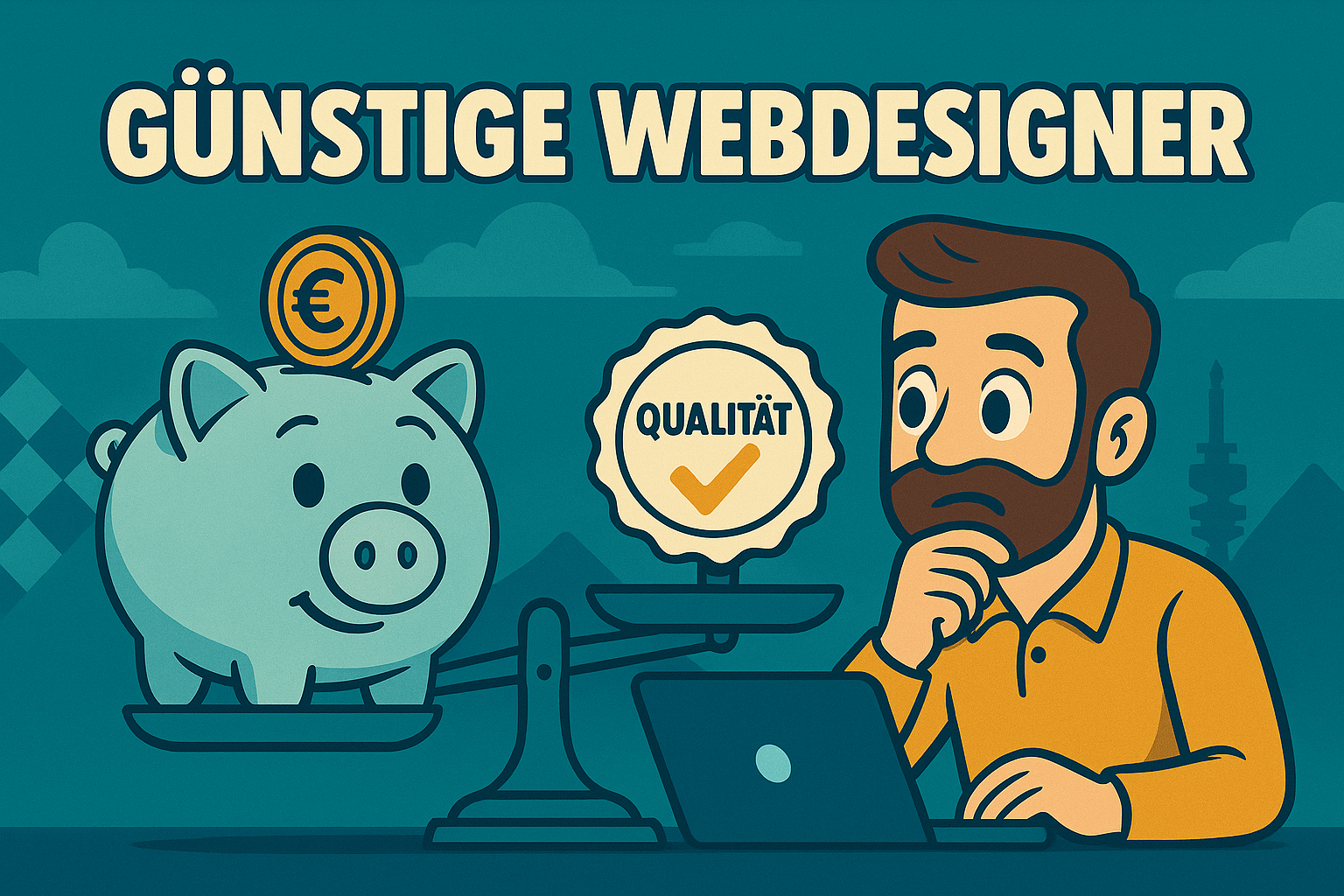 „Cartoon-Illustration: Webdesigner mit Laptop und Geldsymbol präsentiert günstiges Webdesign-Angebot; animierte Figur mit Fragezeichen steht daneben. Text: ‚Günstige Webdesigner – Qualität mit begrenztem Budget