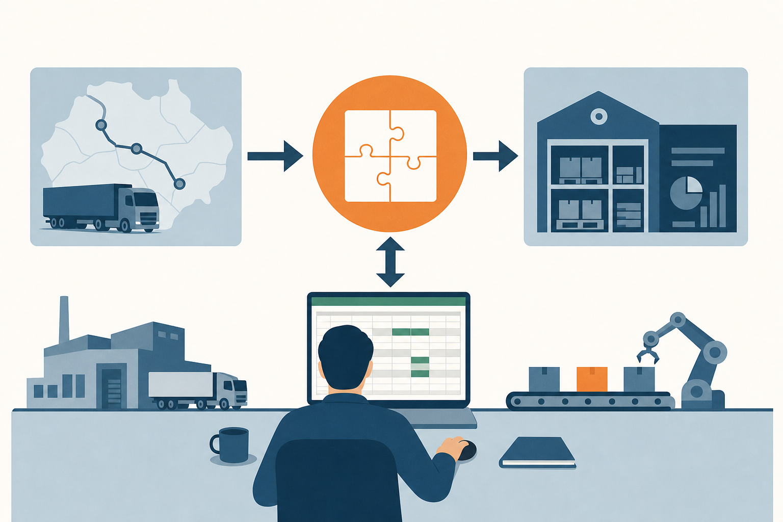 Schematische Darstellung: TMS, ERP und Excel verbinden: Schnittstellen ohne Systembruch im Mittelstand