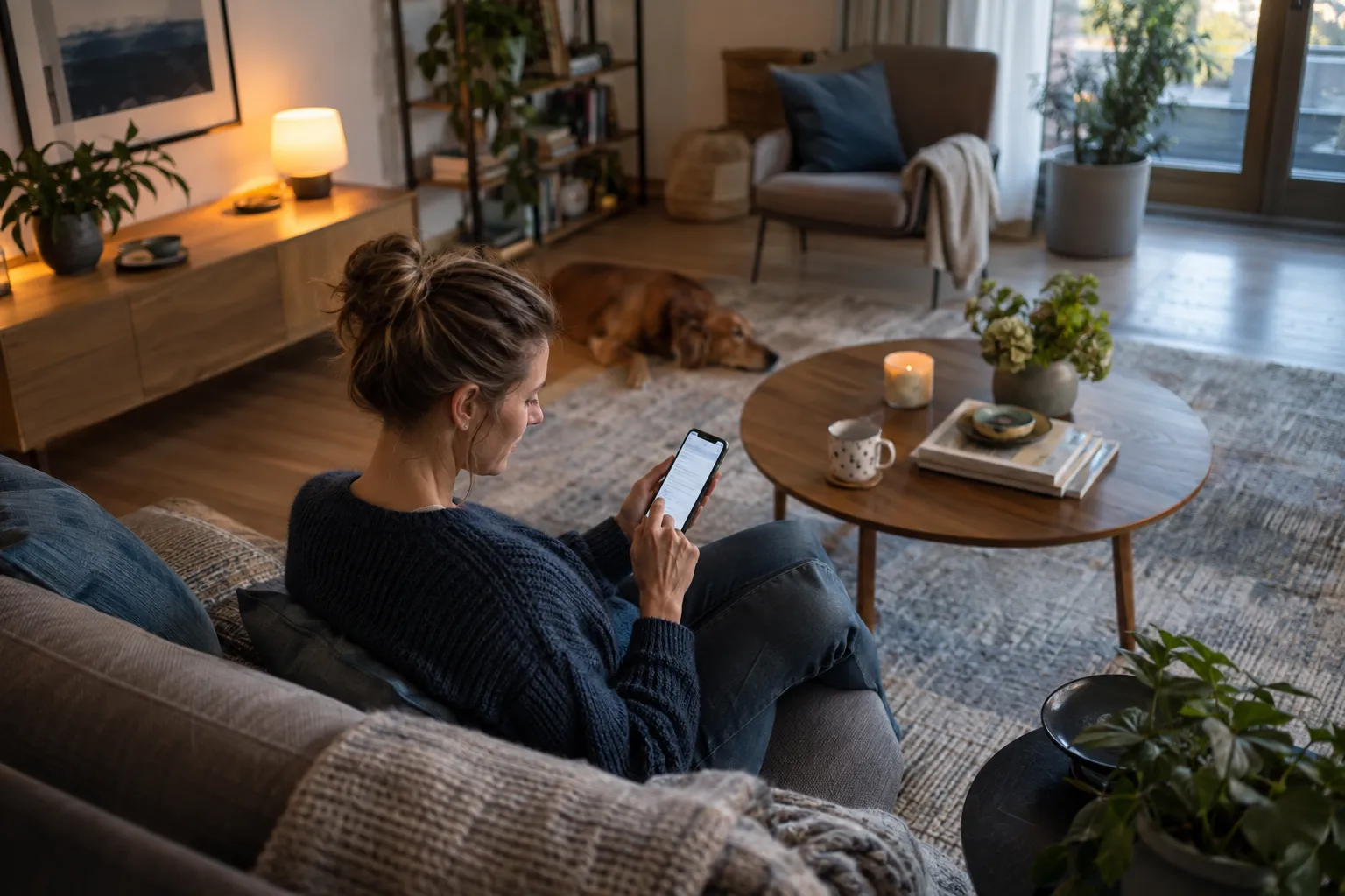 Eine Frau sucht im warm beleuchteten Wohnzimmer per Smartphone und betrachtet eine KI-Zusammenfassung.