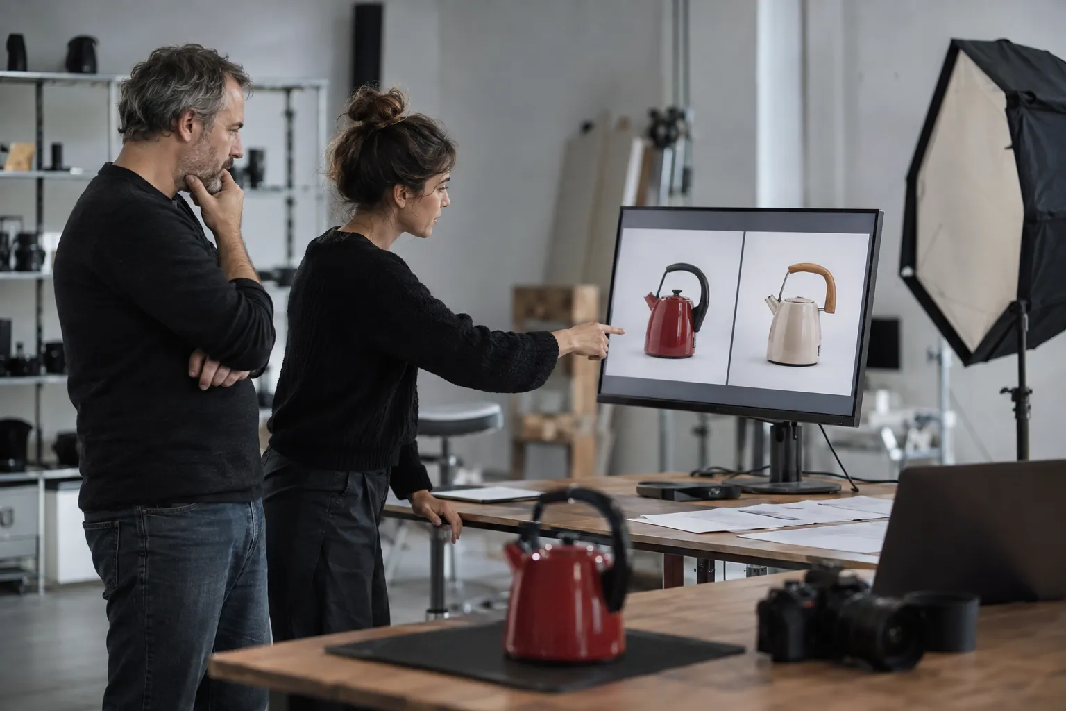 Zwei Fachkräfte vergleichen im Fotostudio bei weichem Tageslicht einen roten Wasserkocher mit seinem KI-Bild am Monitor.