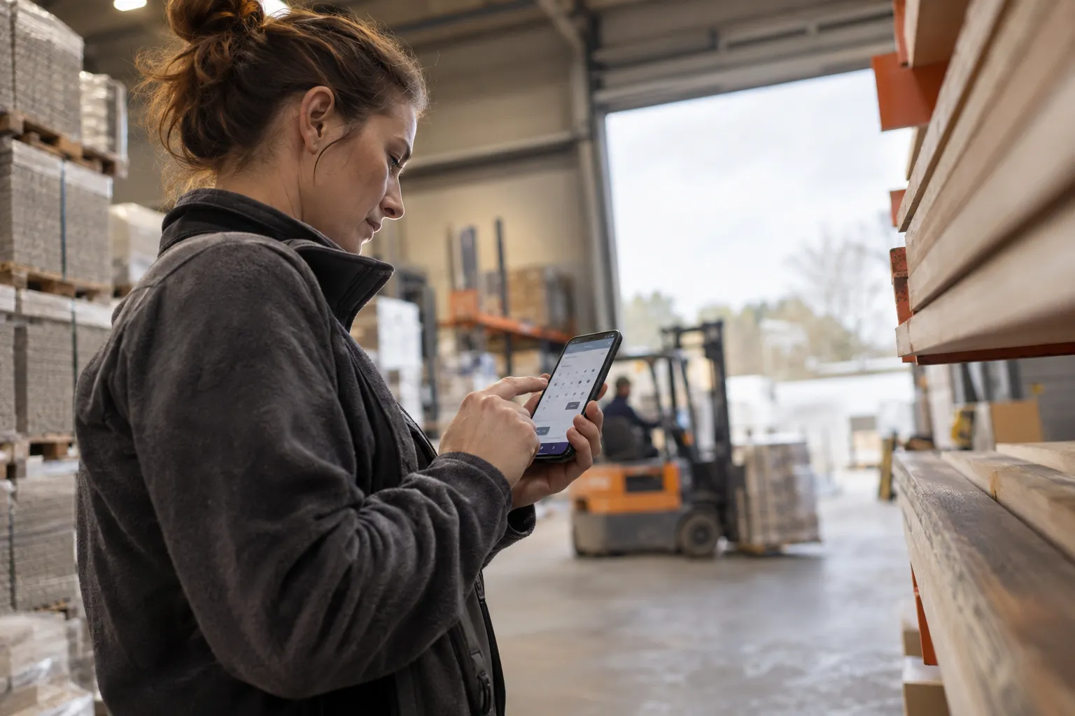 Eine Baukoordinatorin füllt in einer warm beleuchteten Lagerhalle ein Transportformular auf dem Smartphone aus.