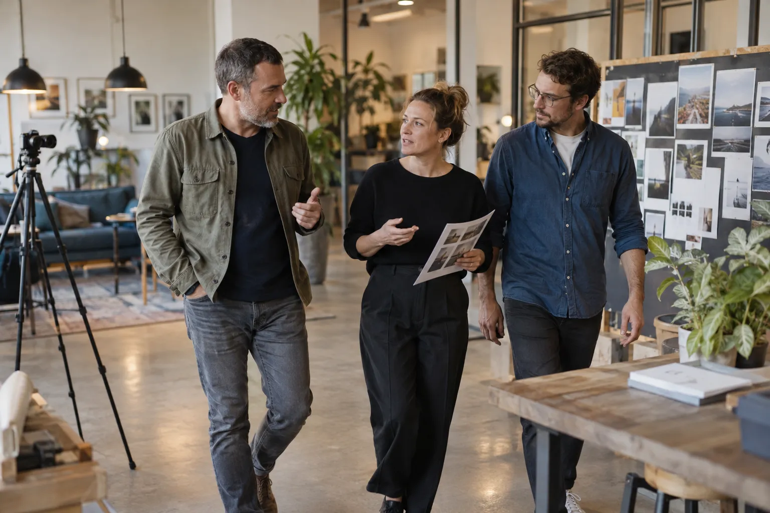 Eine Ladeninhaberin bespricht im warm beleuchteten Studio mit zwei Beratern ihr Webdesign und geplante Fotoaufnahmen.