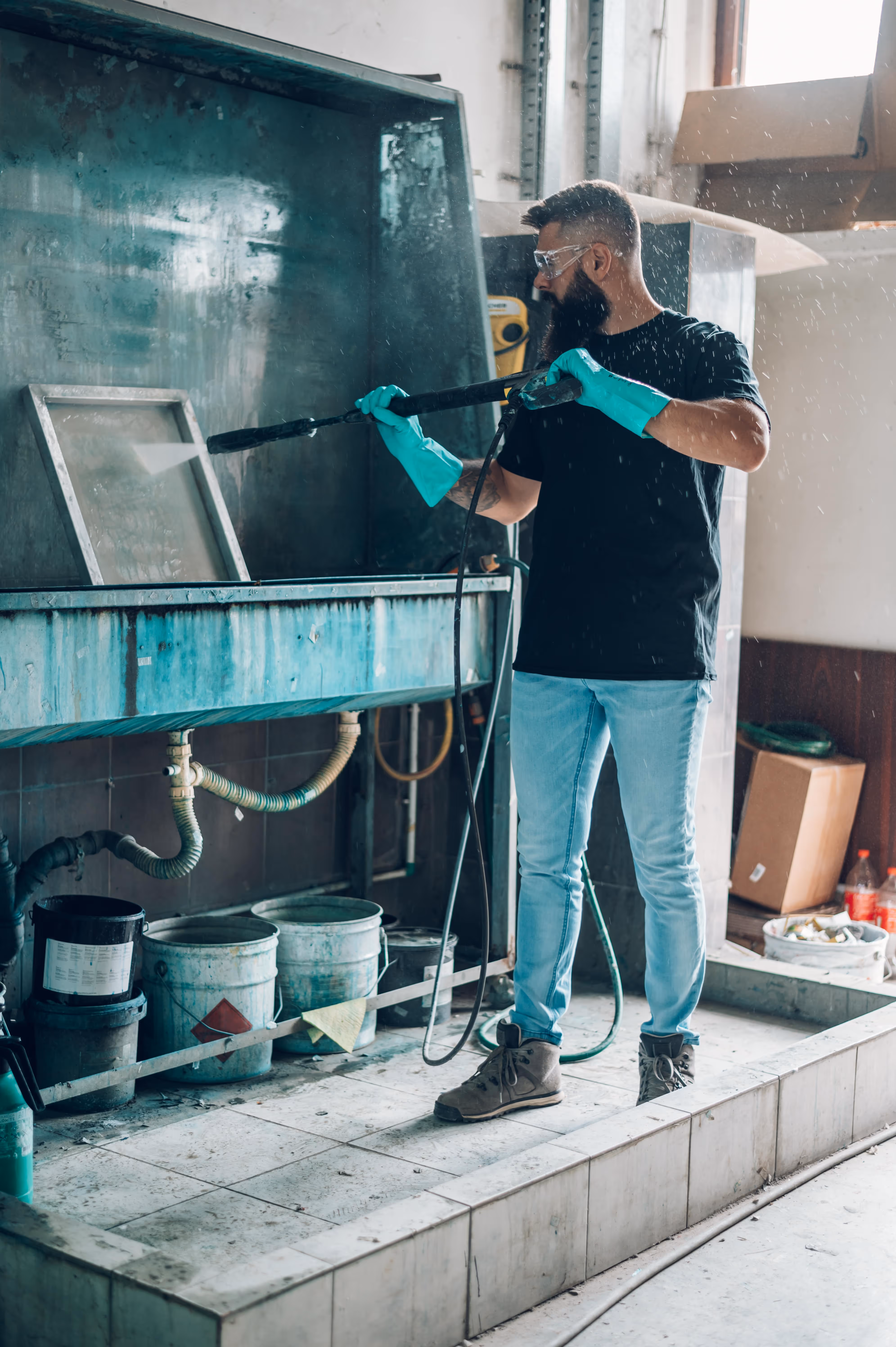 Man wearing protective gloves and goggles using a pressure washer to clean a screen in an industrial sink area, surrounded by buckets and utility pipes.