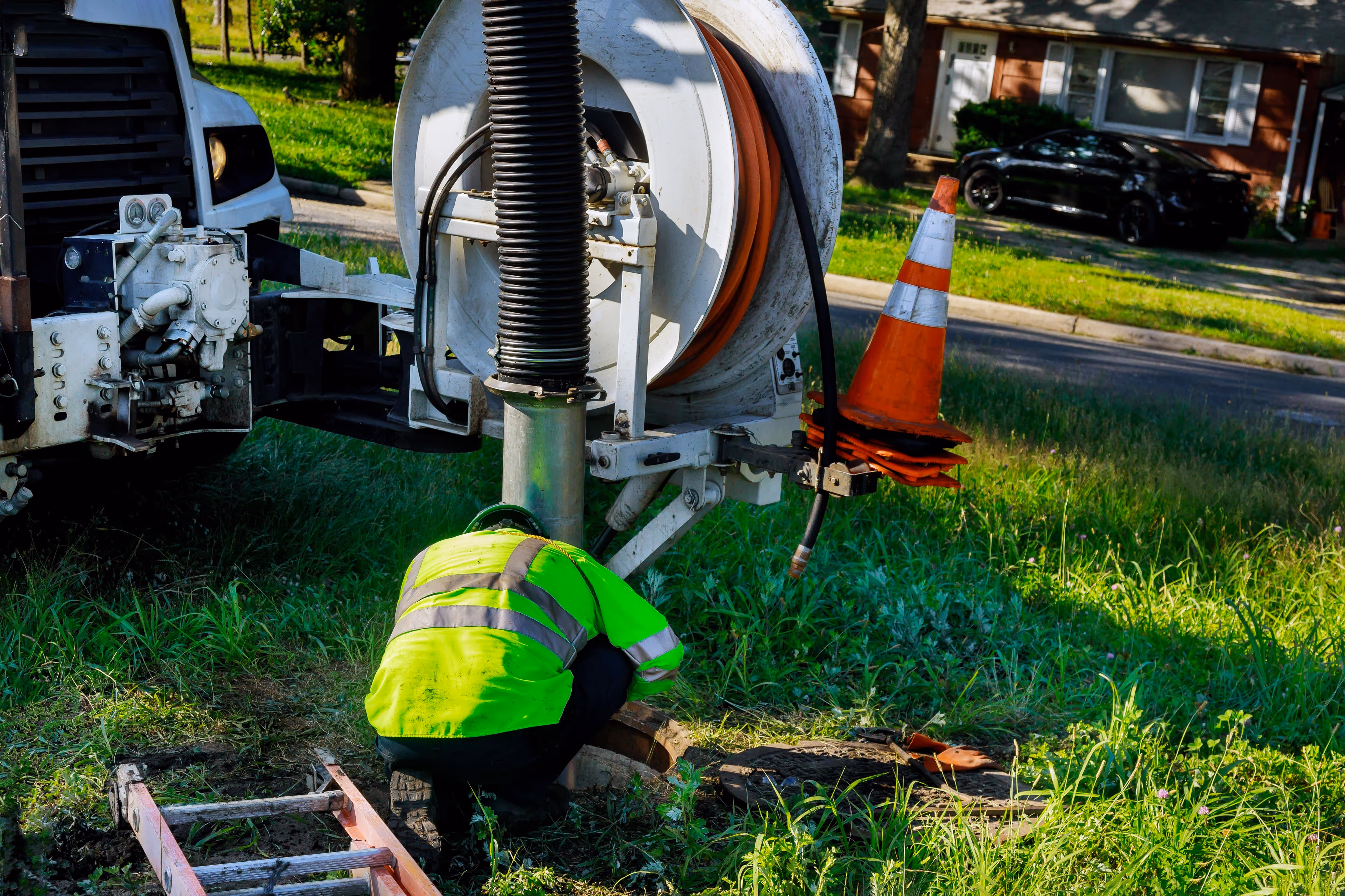 Utility worker in a high-visibility jacket operating a vacuum sewer cleaning truck at a residential curb, accessing an open manhole surrounded by grass.