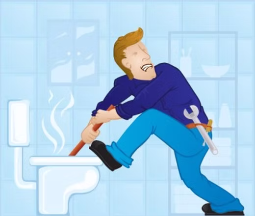Cartoon plumber struggling to unclog a steaming toilet with a plunger, wearing a tool belt and grimacing with effort in a tiled bathroom setting.