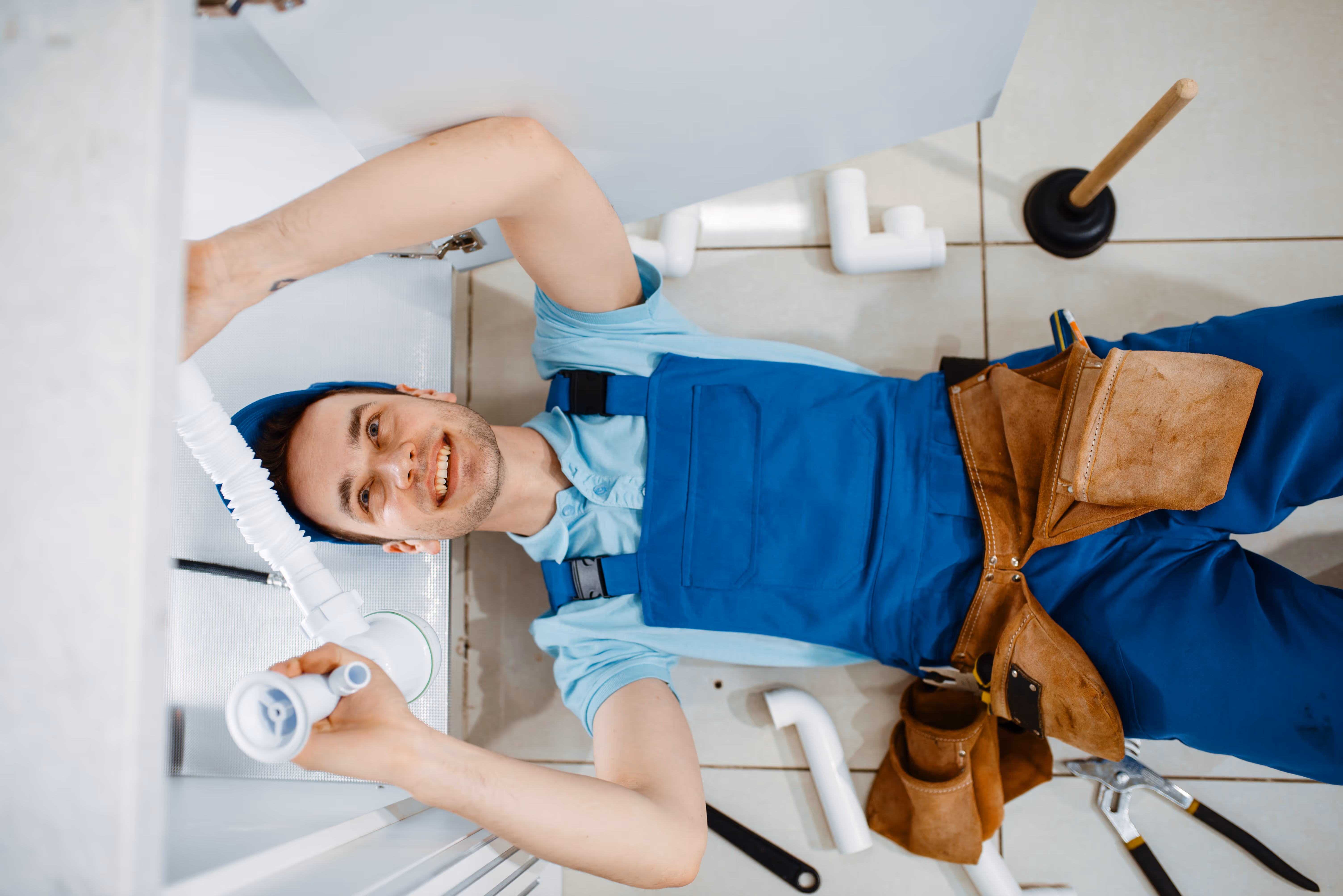 A plumber in uniform installing a drain pipe.