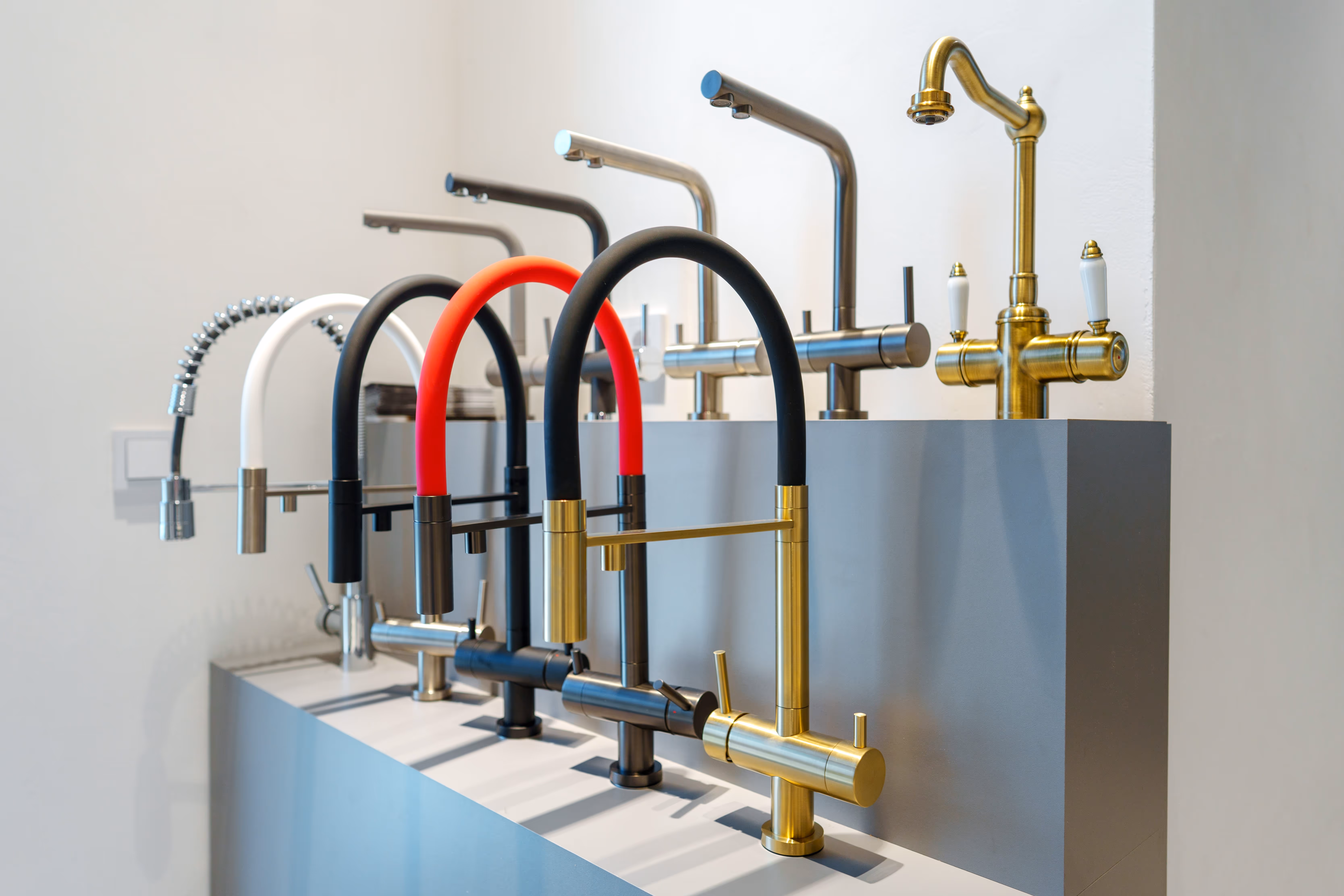Rows of new water faucets.