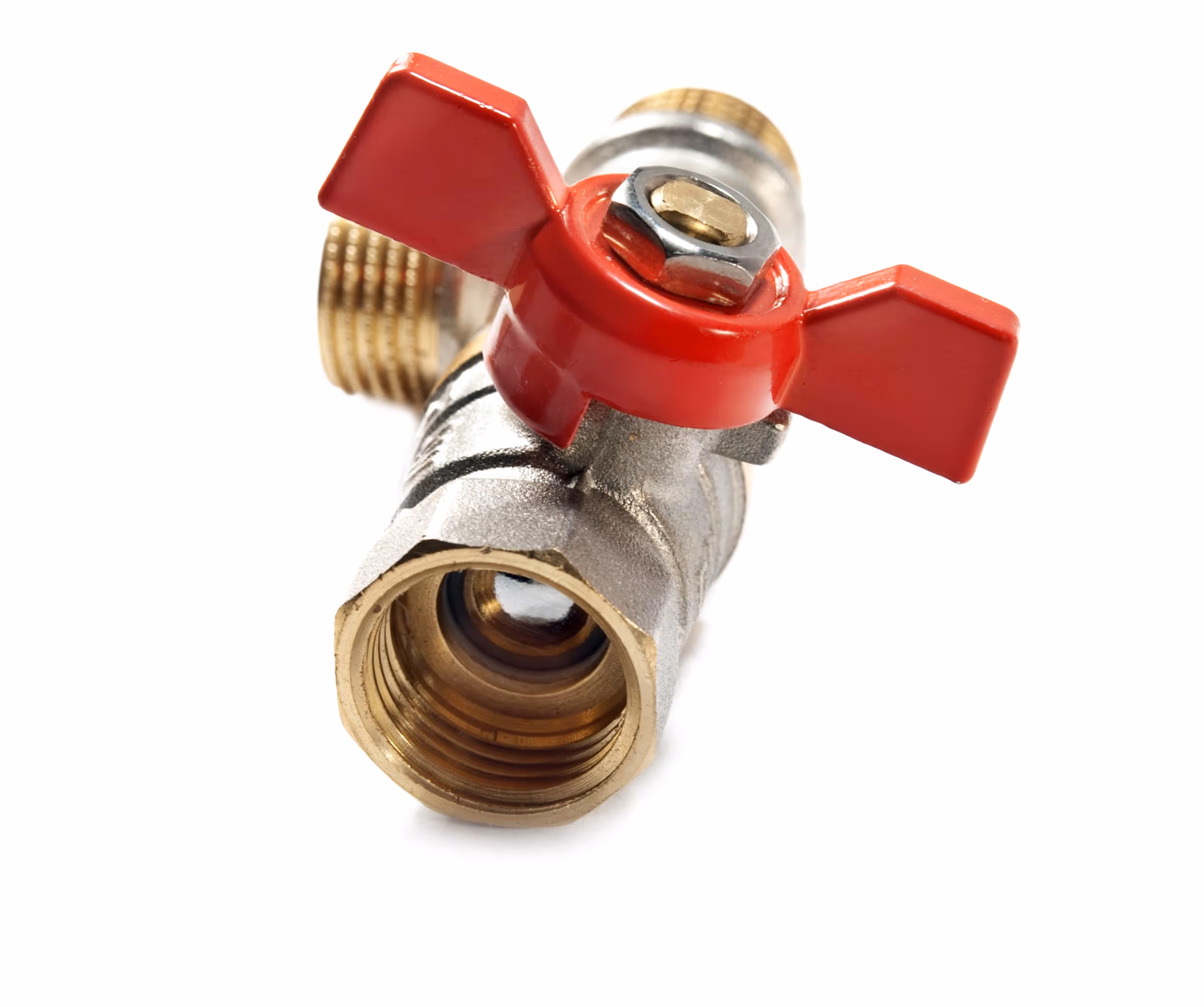 Close-up of a metal ball valve with a red butterfly handle and threaded brass fittings, shown on a white background.