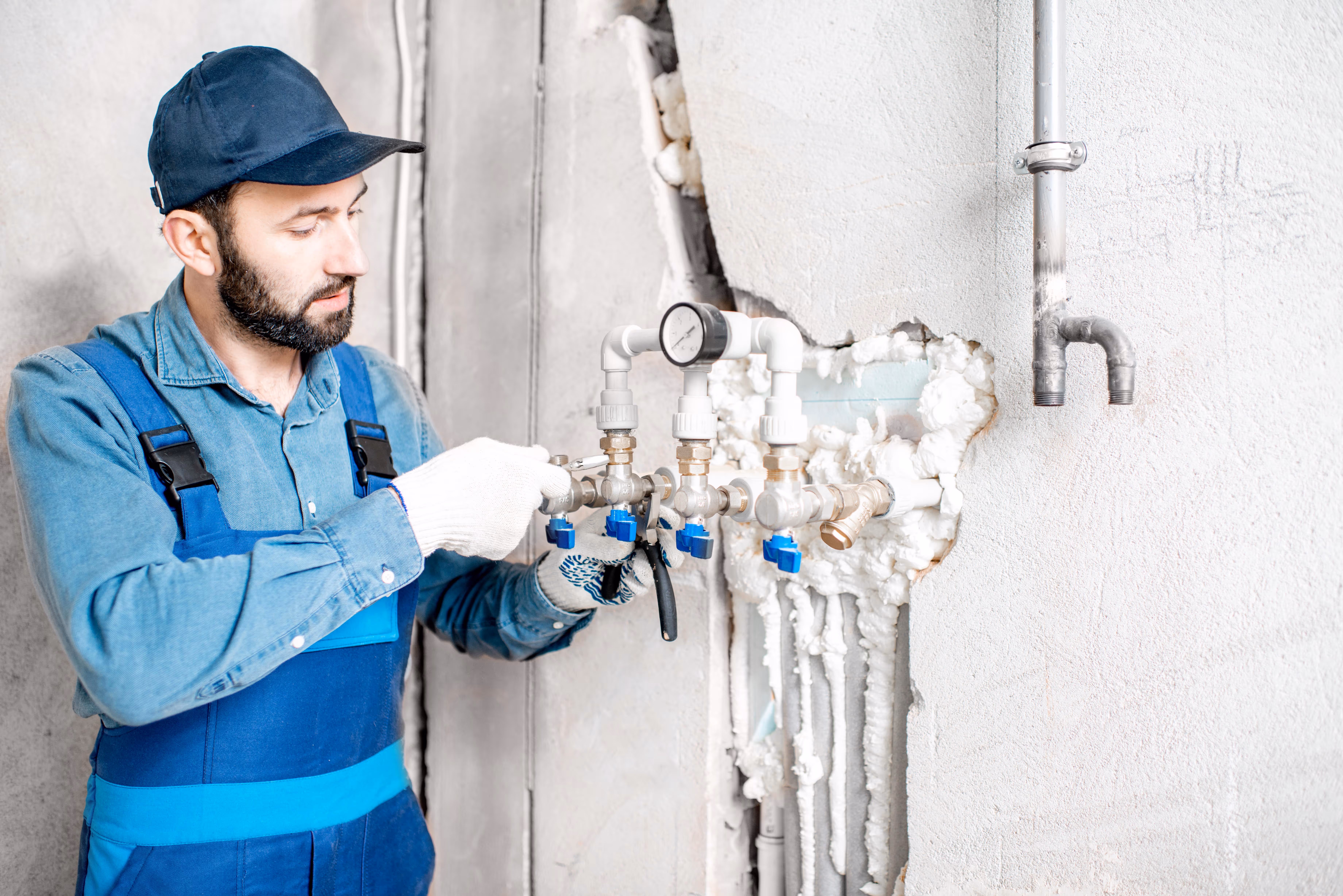 A licensed plumber wearing a work uniform and gloves carefully installing a residential water‑heating system, connecting pipes and mounting components.