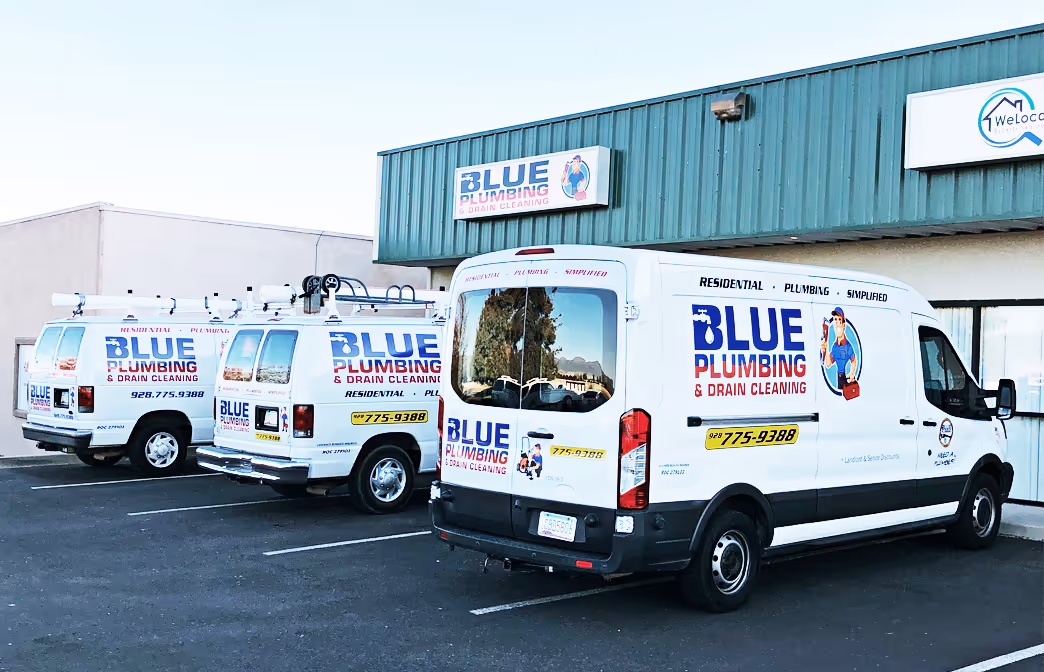 Blue Plumbing vans outside of the Prescott Valley, AZ office