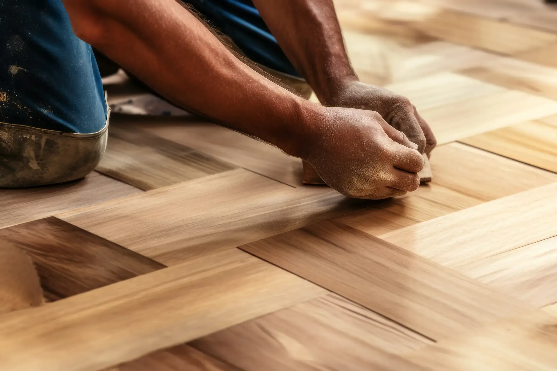 Close-up of a person's hands sanding a wooden parquet floor.