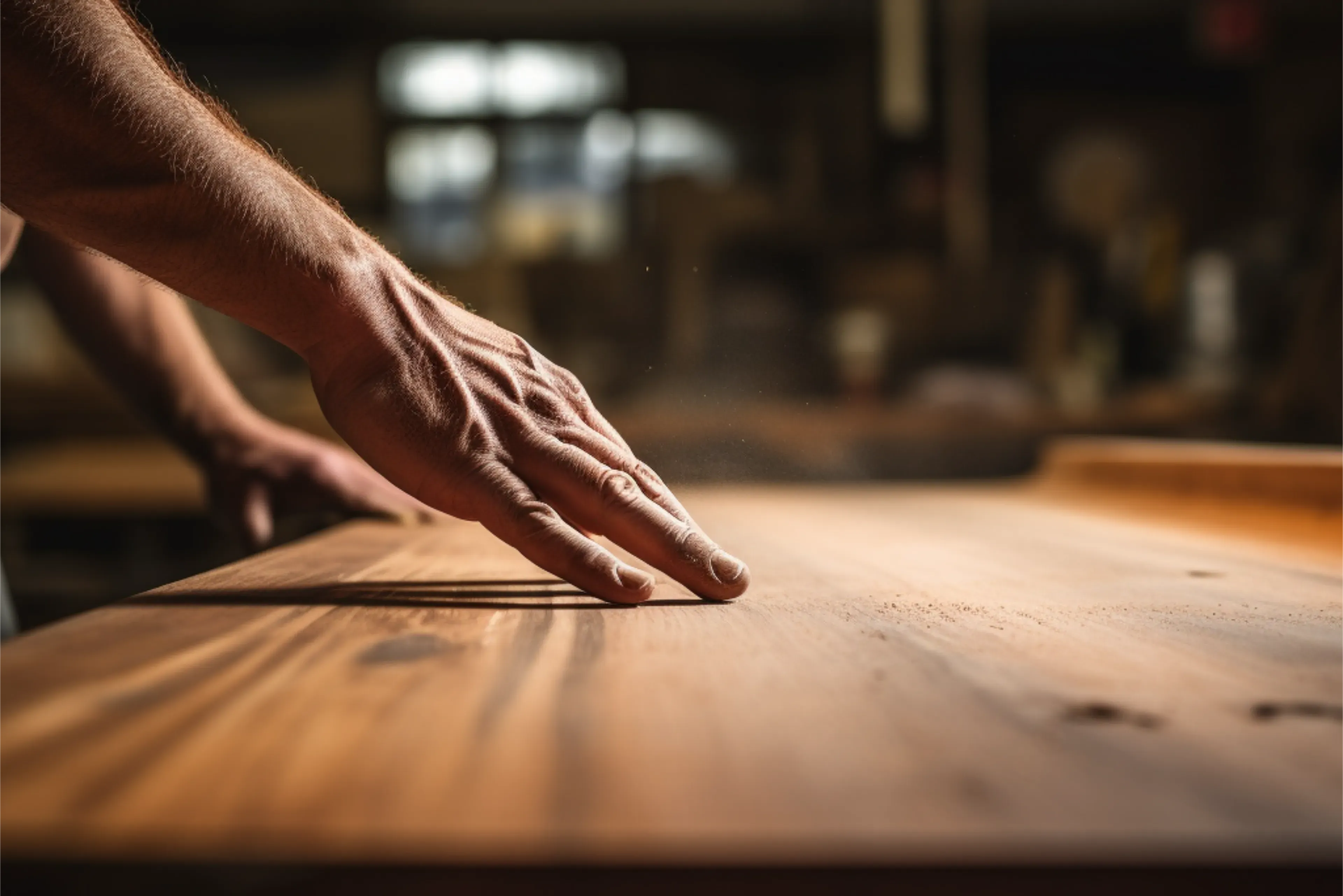 Close-up of a hand smoothing the surface of a wooden board in a workshop.