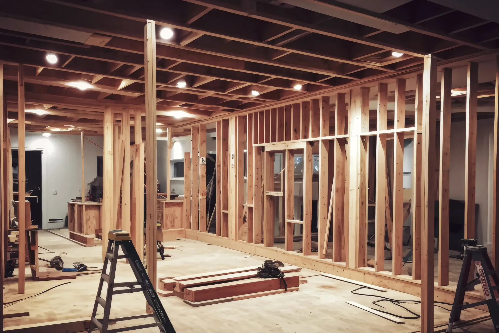Framing of a house interior under construction, showing exposed wooden beams and studs. Ladders and tools are scattered on the unfinished floor.
