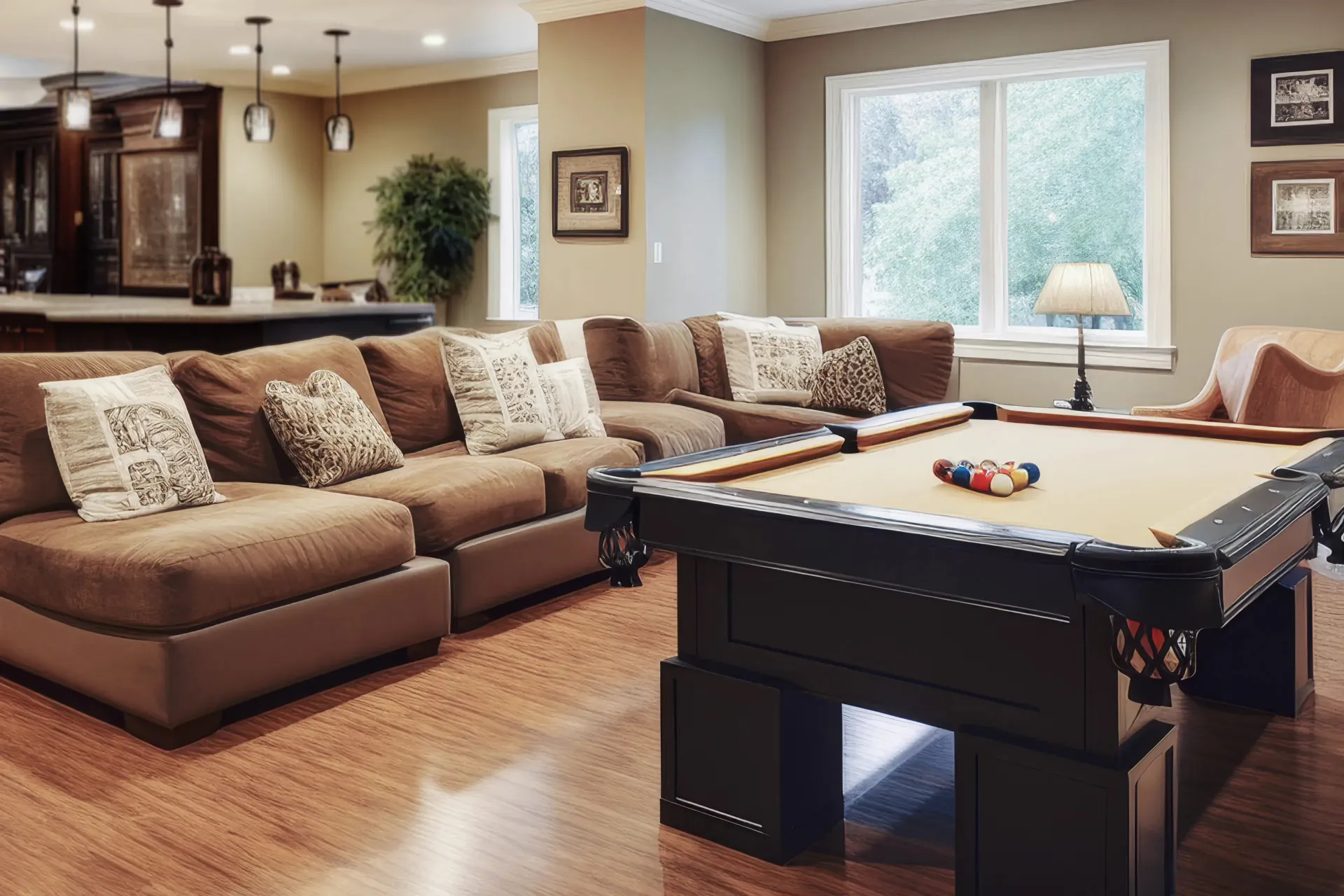 A cozy living room features a large brown sectional sofa with patterned cushions, a pool table, and a lamp by a window. Warm lighting and decor create an inviting atmosphere.