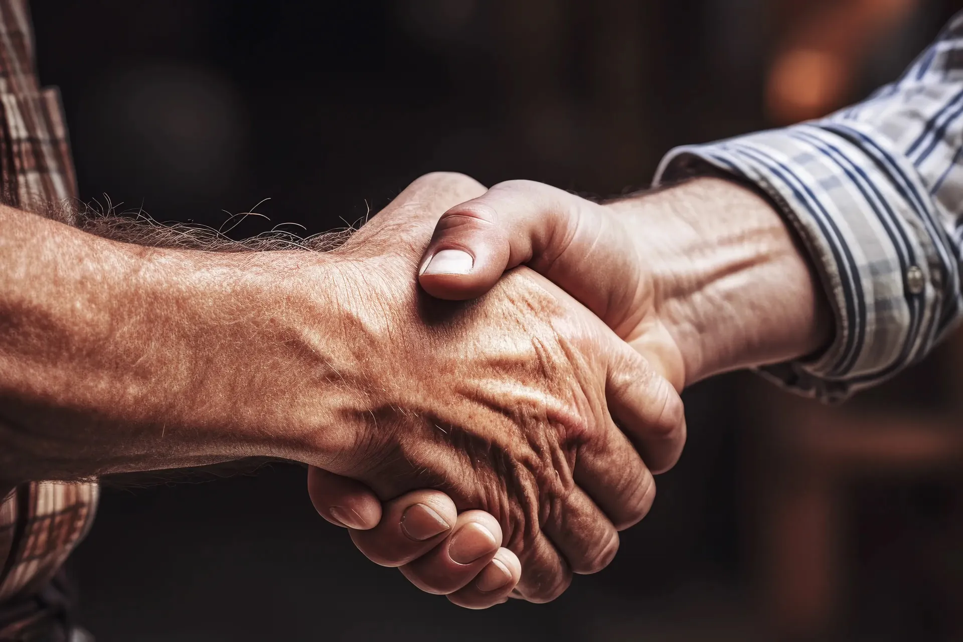 Two hands in a firm handshake, one in a plaid shirt and the other in a striped shirt, symbolizing agreement and trust. The image conveys cooperation.