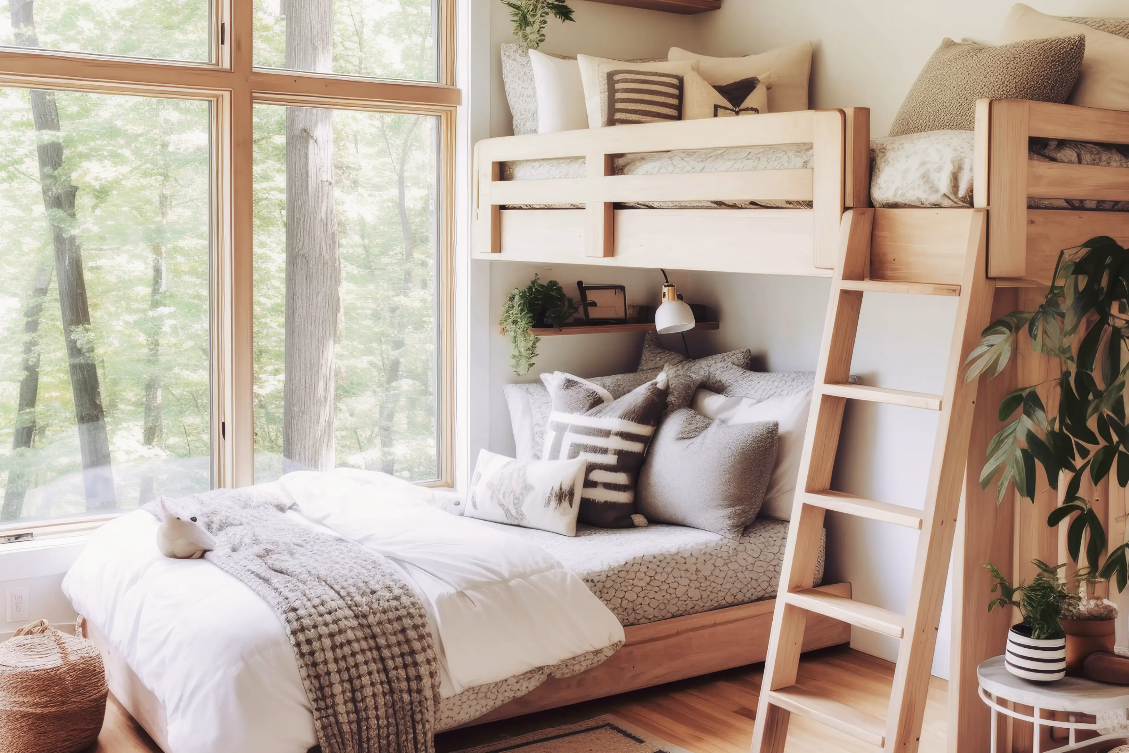 Children's bedroom with custom wooden bunk bed, cozy pillows, large window with forest view, and indoor plants.