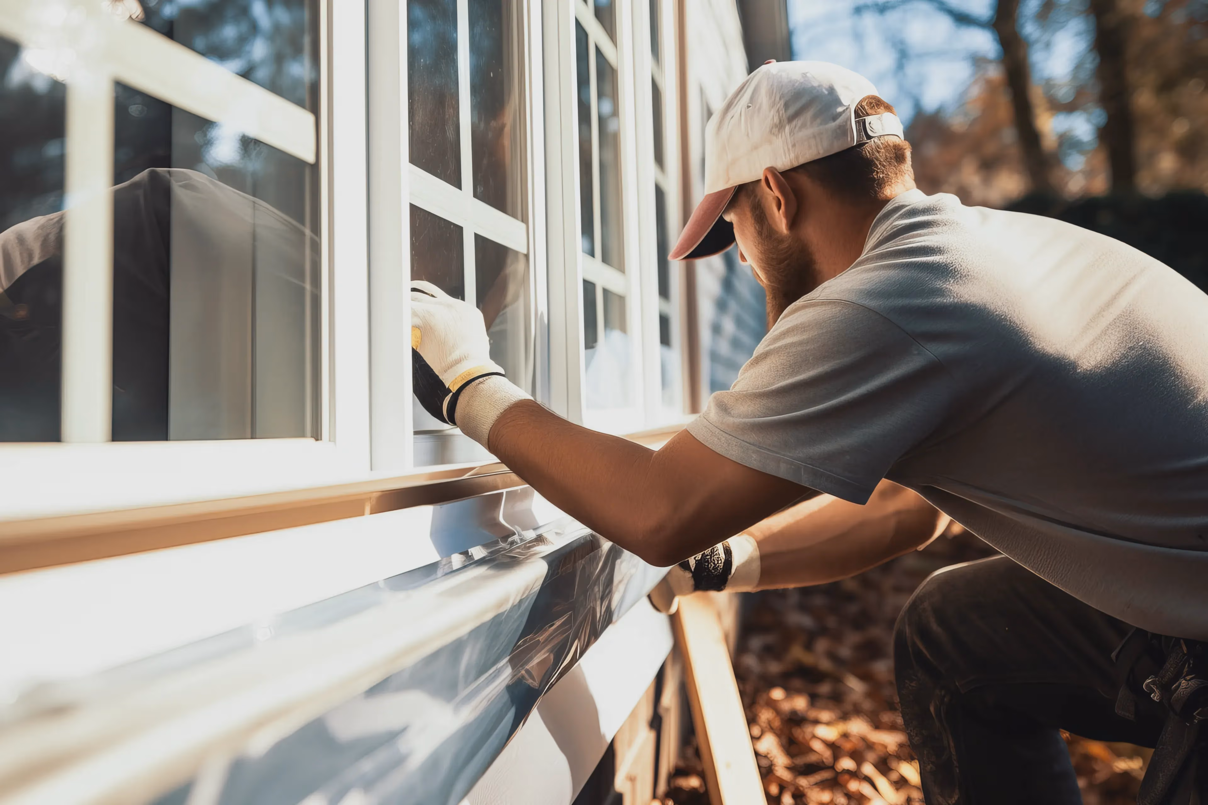 Man wearing gloves and a cap installing or repairing a white-framed window on a house exterior.
