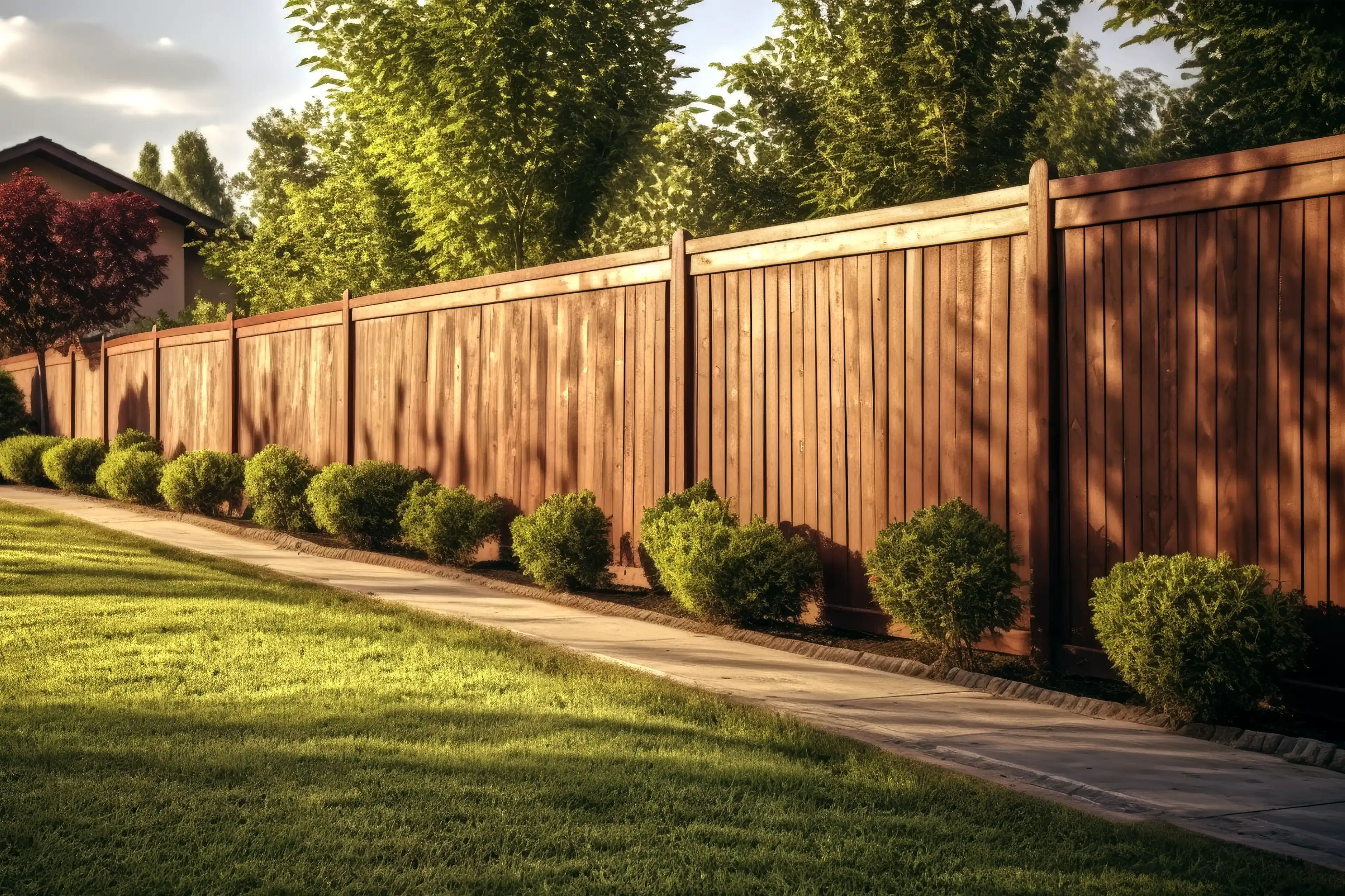 Sunlit wooden privacy fence running alongside a sidewalk with neatly trimmed bushes and green lawn.
