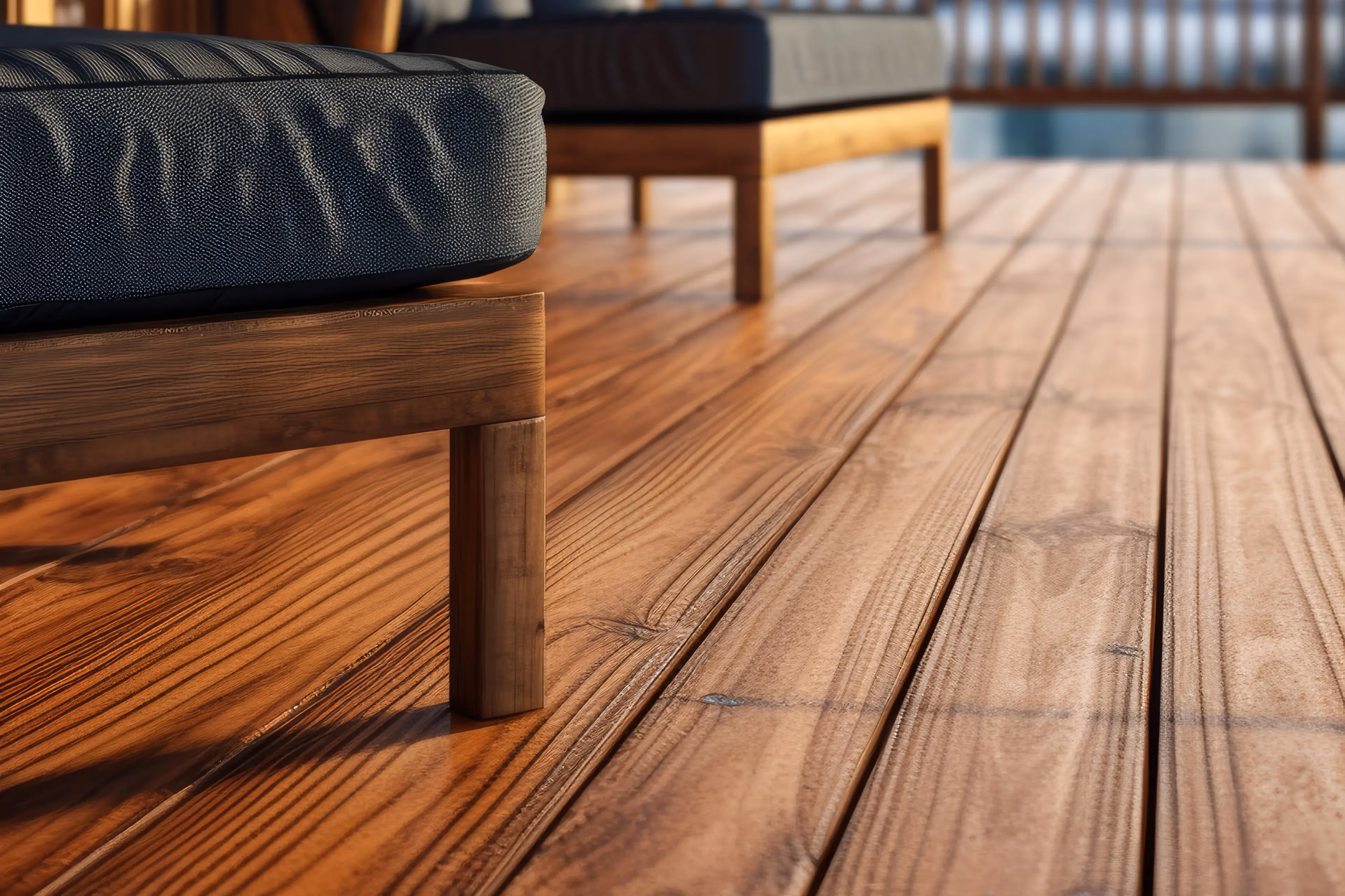 Close-up of wooden patio floorboards with wooden furniture legs and dark cushions in soft sunlight.