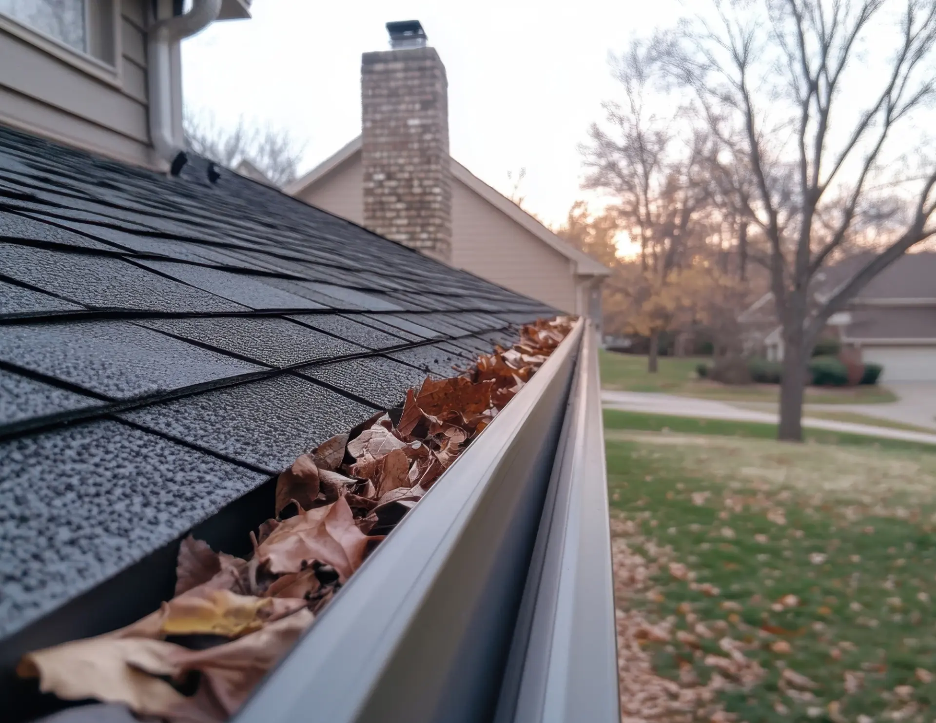 Close-up of a house gutter filled with dry autumn leaves beside a shingled roof at sunset.