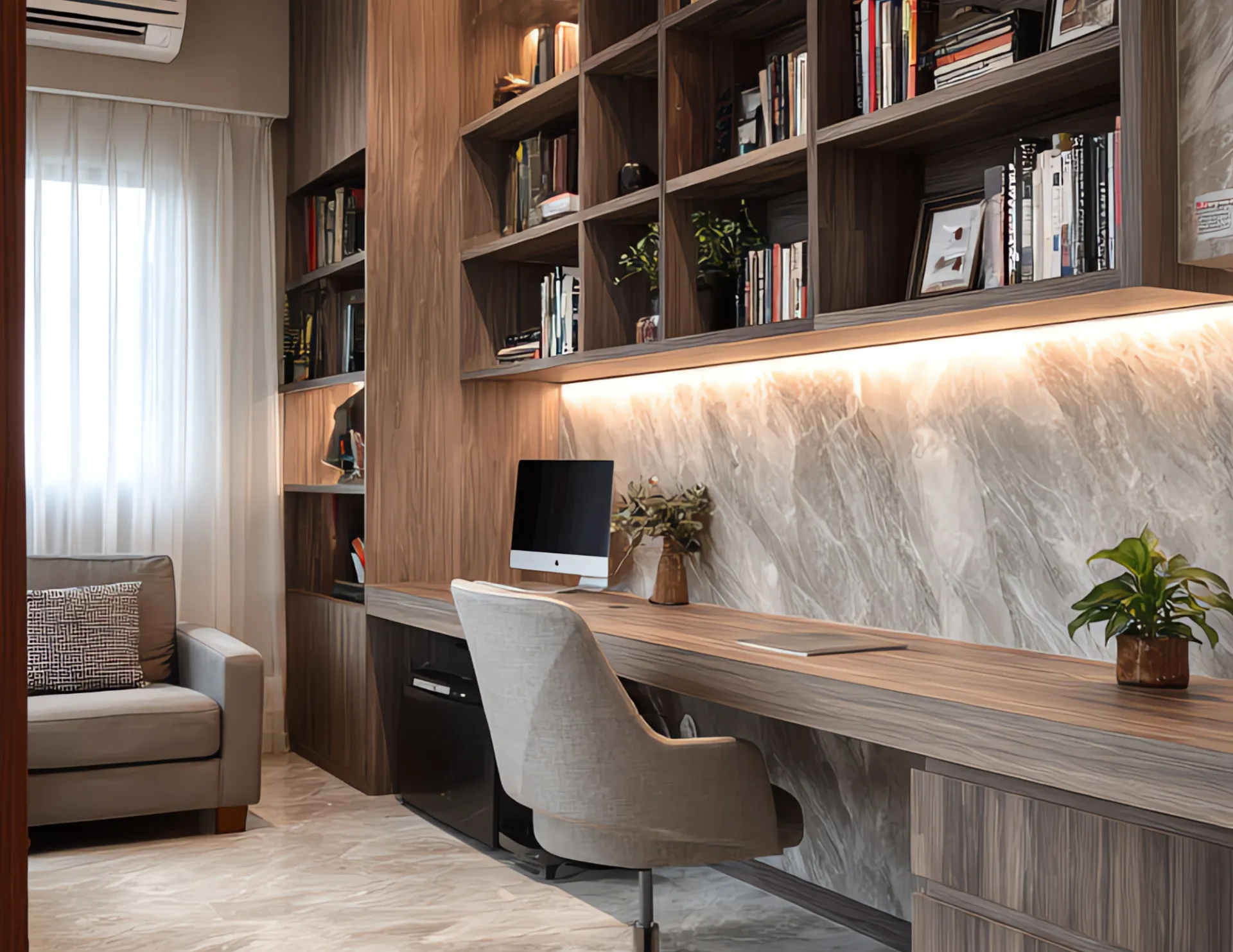 Modern home office with built-in wooden shelves, long wooden desk, gray swivel chair, computer, and potted plants.