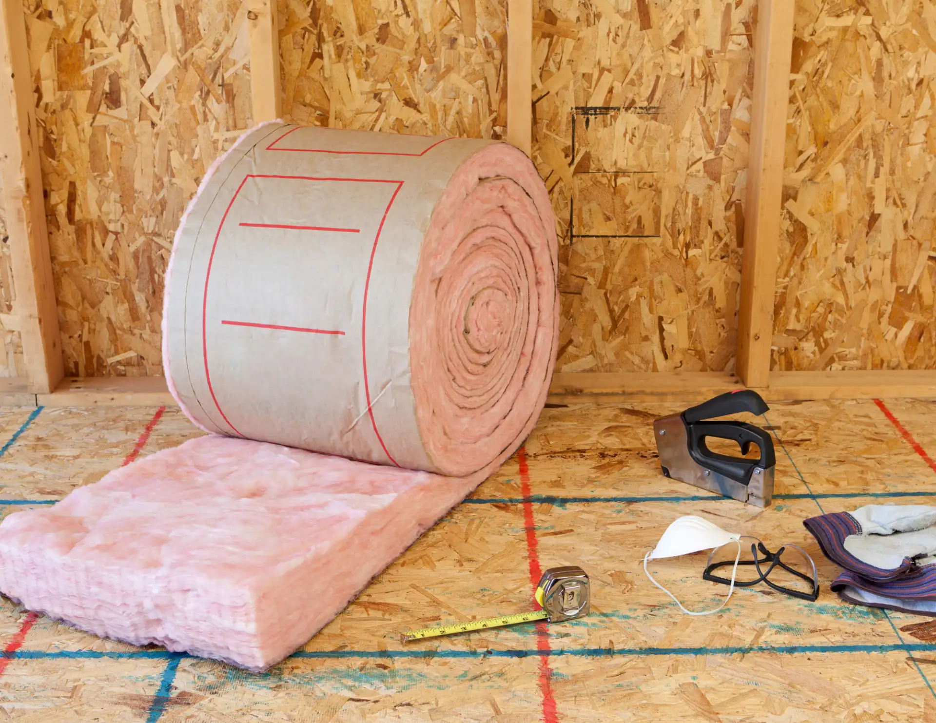 Roll of pink fiberglass insulation partially unrolled on wooden floor with measuring tape, utility stapler, safety mask, glasses, and gloves nearby inside unfinished framed wall.