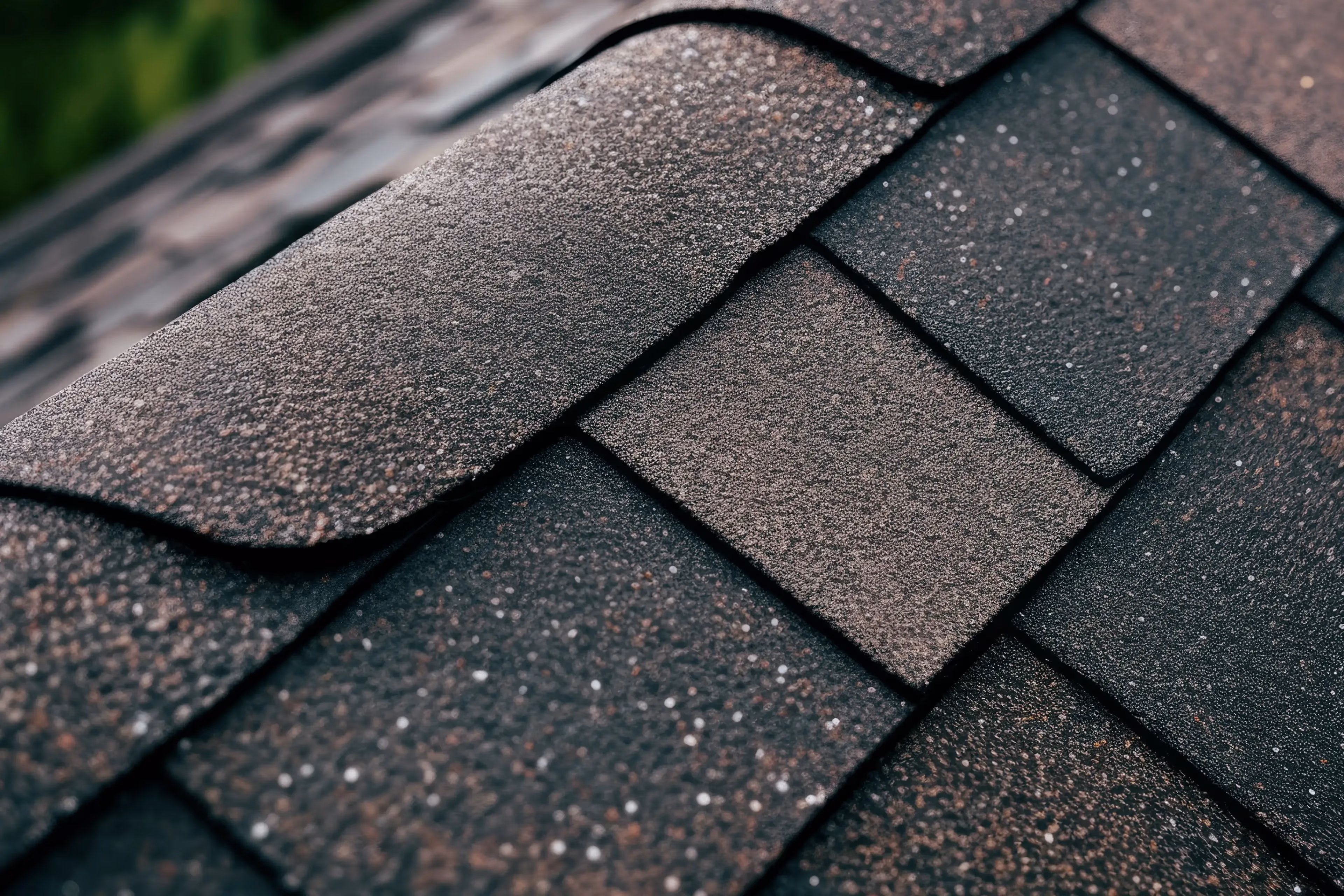 Close-up view of dark asphalt roof shingles with granular texture.
