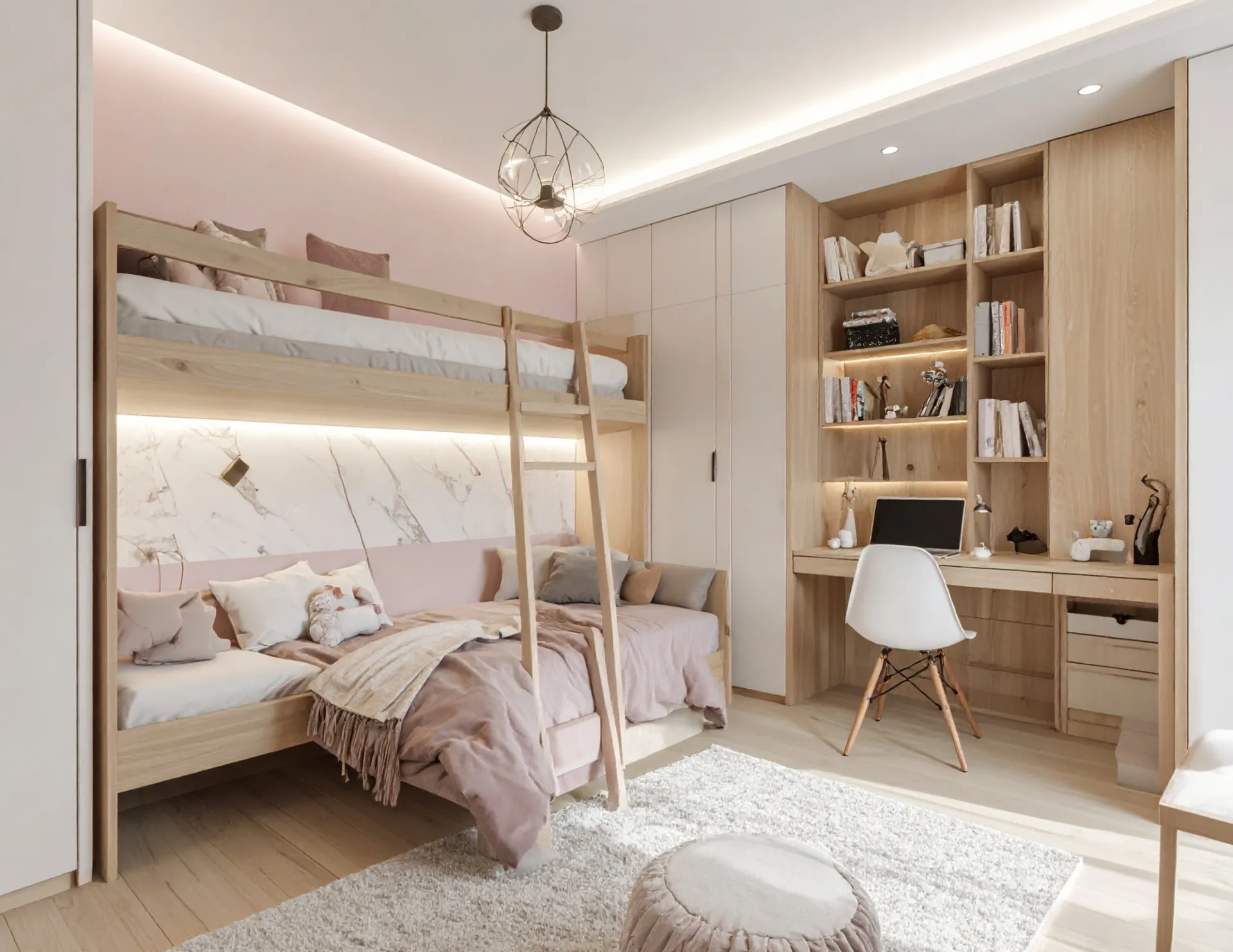 Modern kids room with wooden bunk beds, soft pink bedding, a built-in desk with shelves, and a white chair on a light wood floor with a beige rug.