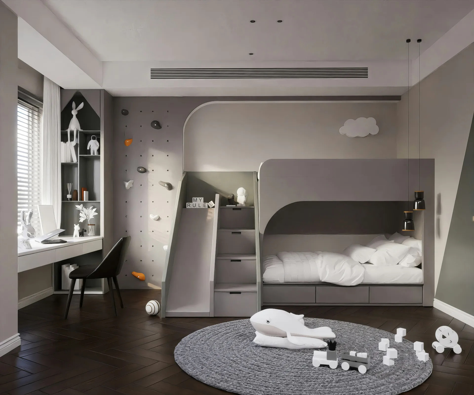 Modern kids' bedroom with gray bunk bed featuring stairs, slide, climbing wall, round rug with toys, and a desk by the window.