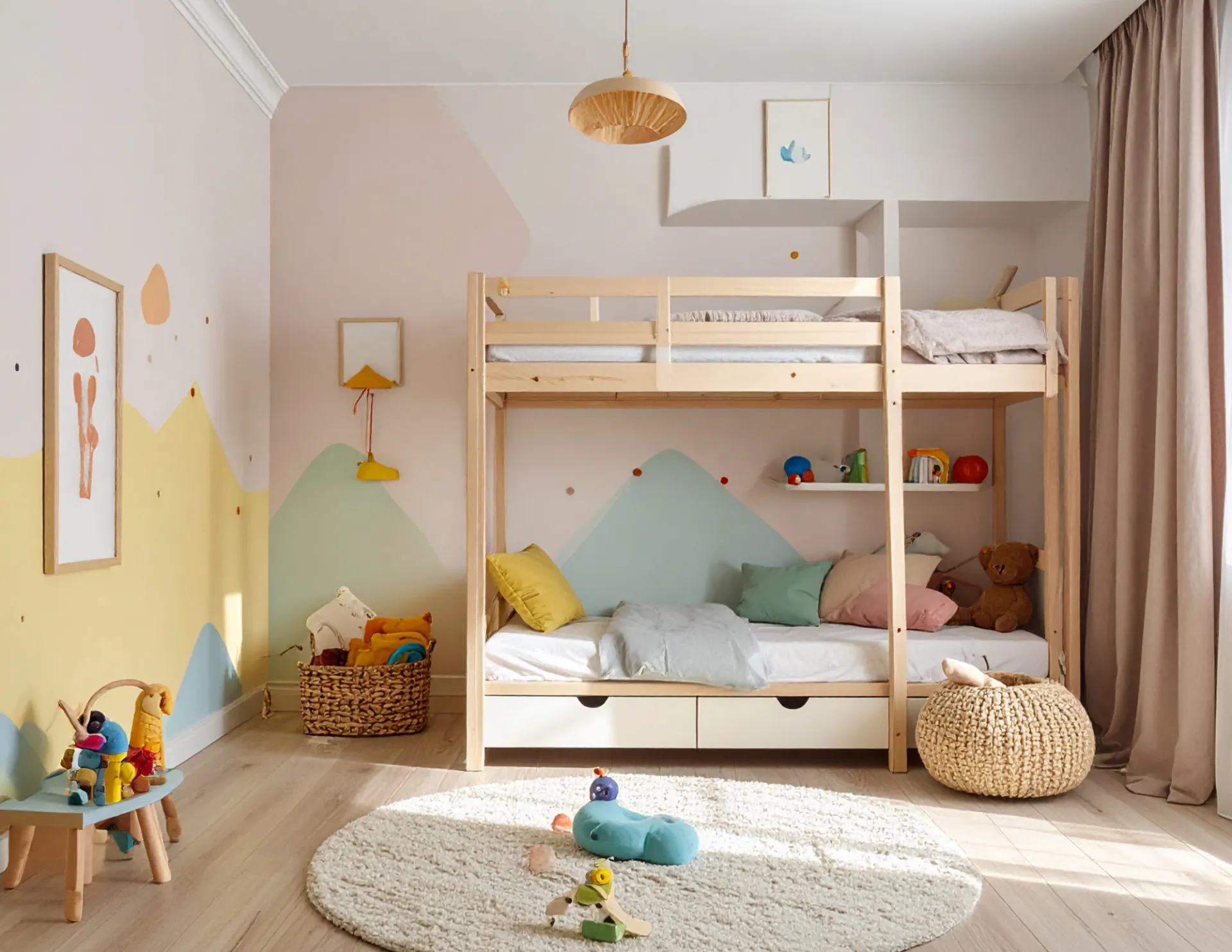 Bright children's bedroom with natural wood bunk bed, colorful pillows, toys, and pastel mountain wall mural.