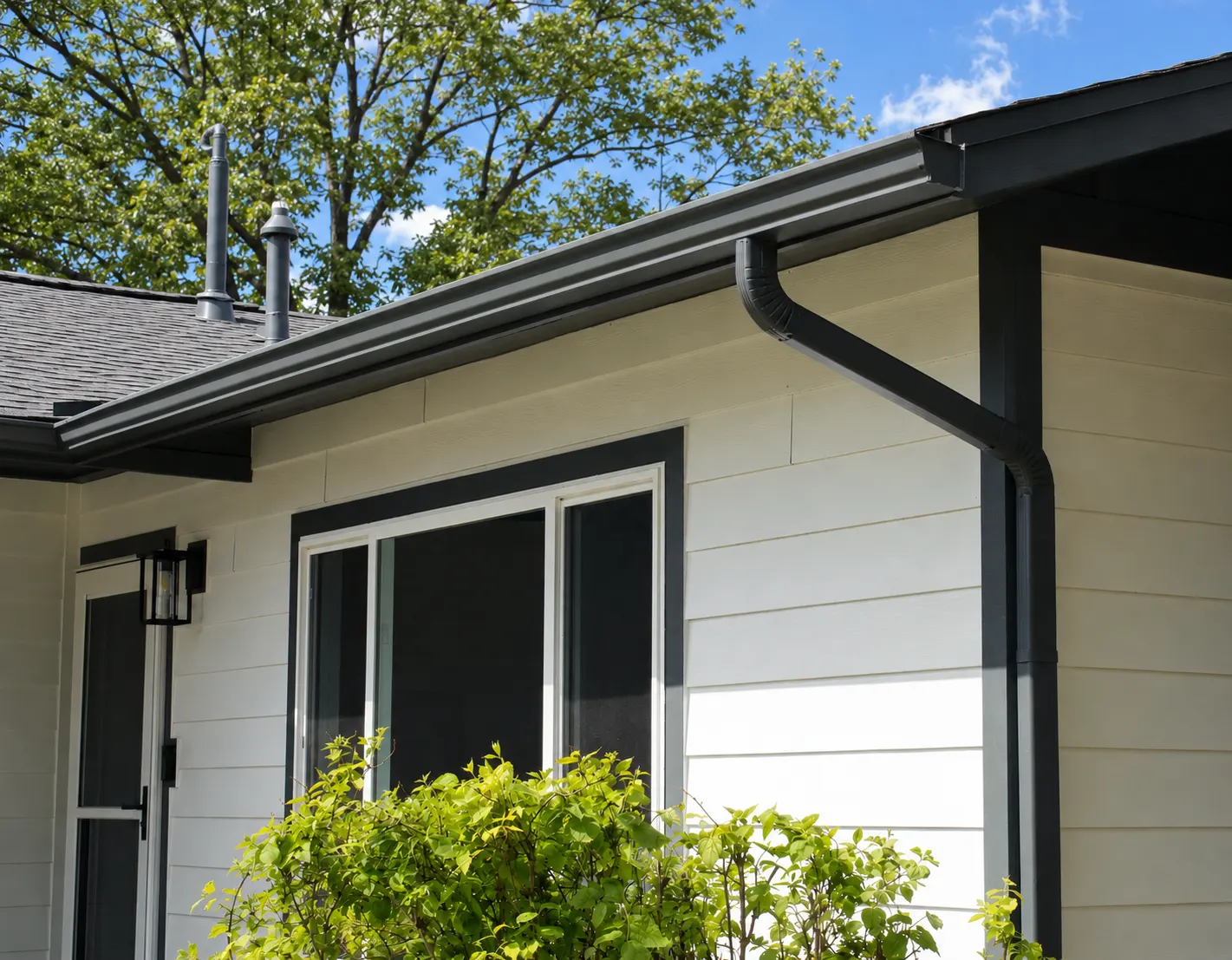 Black gutters and downspouts installed on white house siding under blue sky with green tree and bushes.
