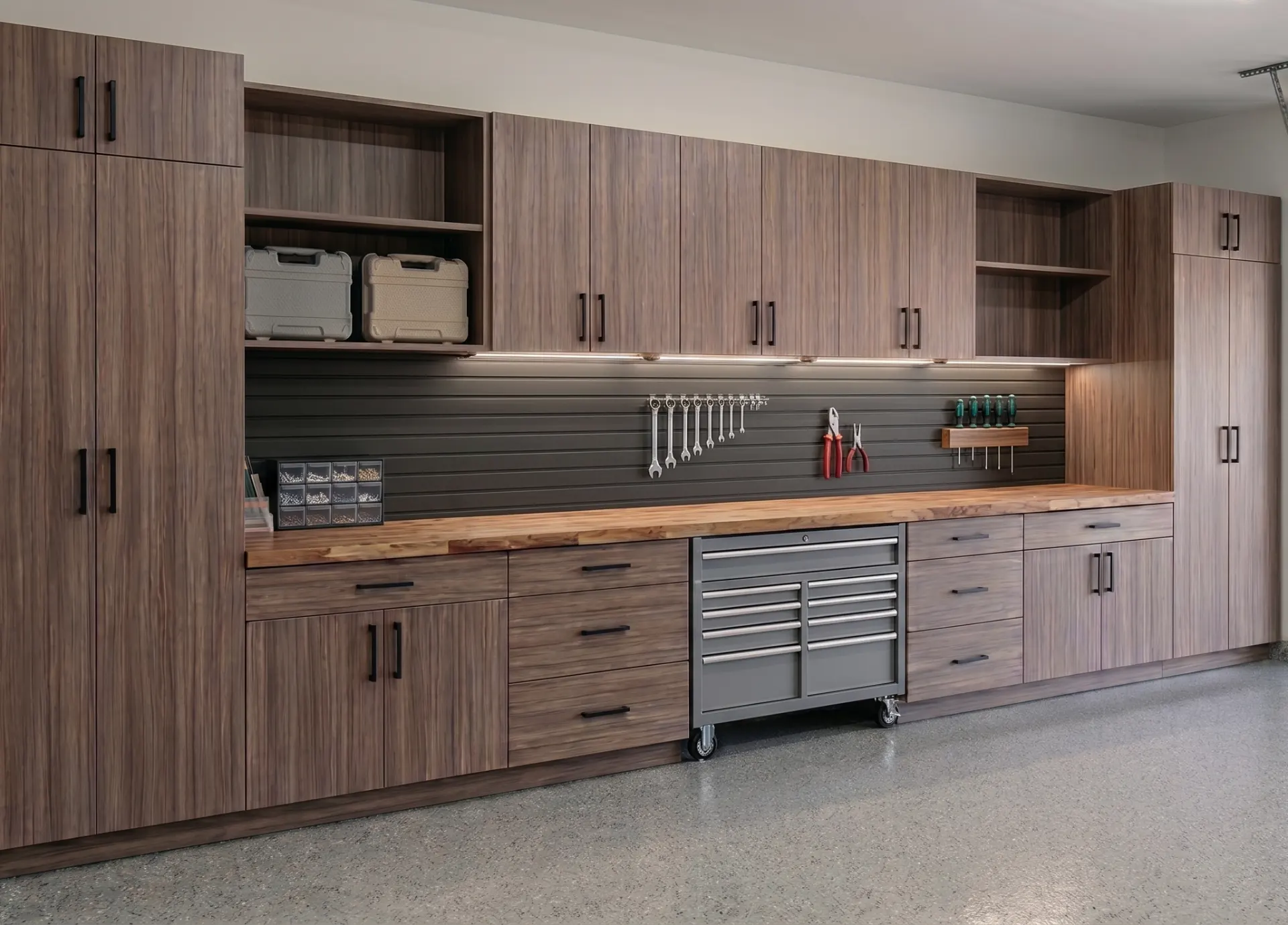 Garage storage with wood cabinets, tool chest, and tools hanging on a black slat wall panel.