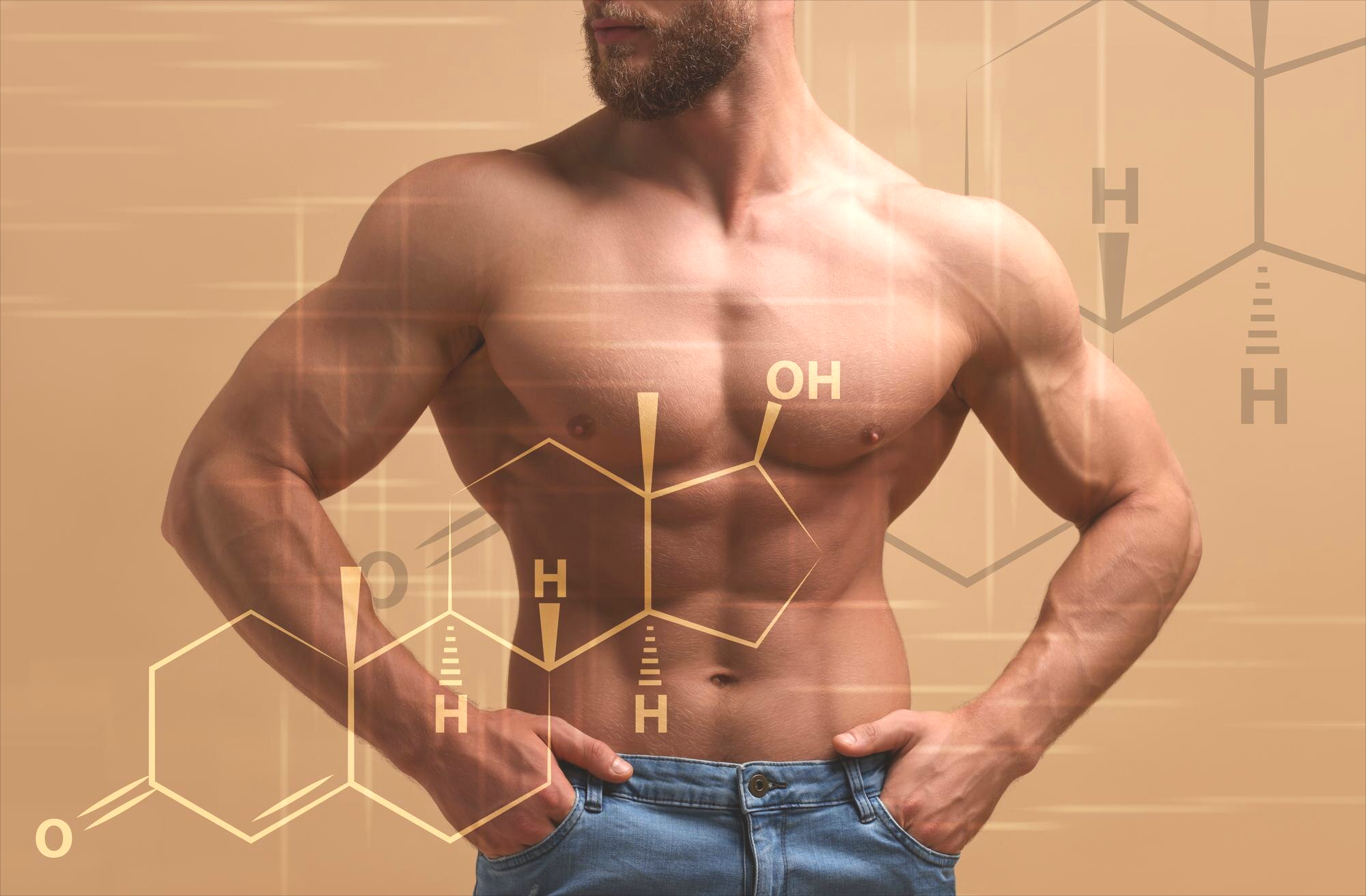 A muscular and shirtless man with his hands in his jeans against a warm beige background underneath a molecular structure diagram of testosterone overlay.