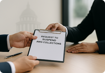 Hands holding a document labeled 'Request to Suspend AWG Collections' with the U.S. Capitol in the background, representing Employment-Based Suspension Help for federal wage garnishment.