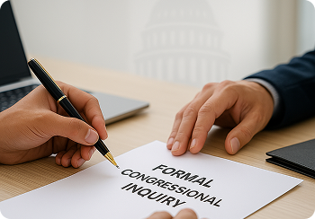 Hands reviewing a document labeled 'Formal Congressional Inquiry' with the U.S. Capitol in the background, representing Congressional Contact Support for delayed federal hearing decisions.