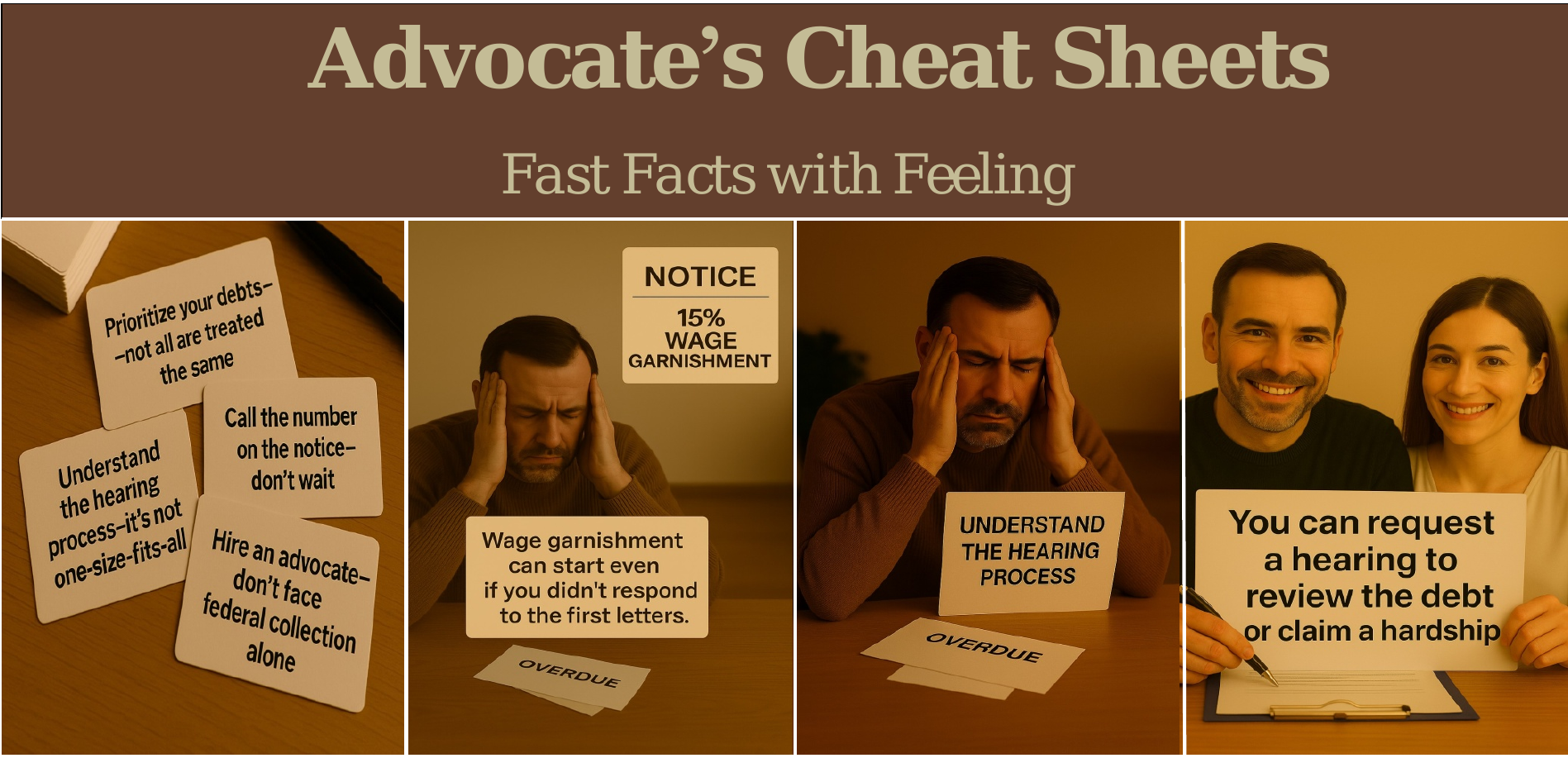 Four-panel image showing the progression from confusion and frustration over wage garnishment to understanding hearing rights — representing Advocate’s Cheat Sheets: Fast Facts with Feeling for federal debt support.