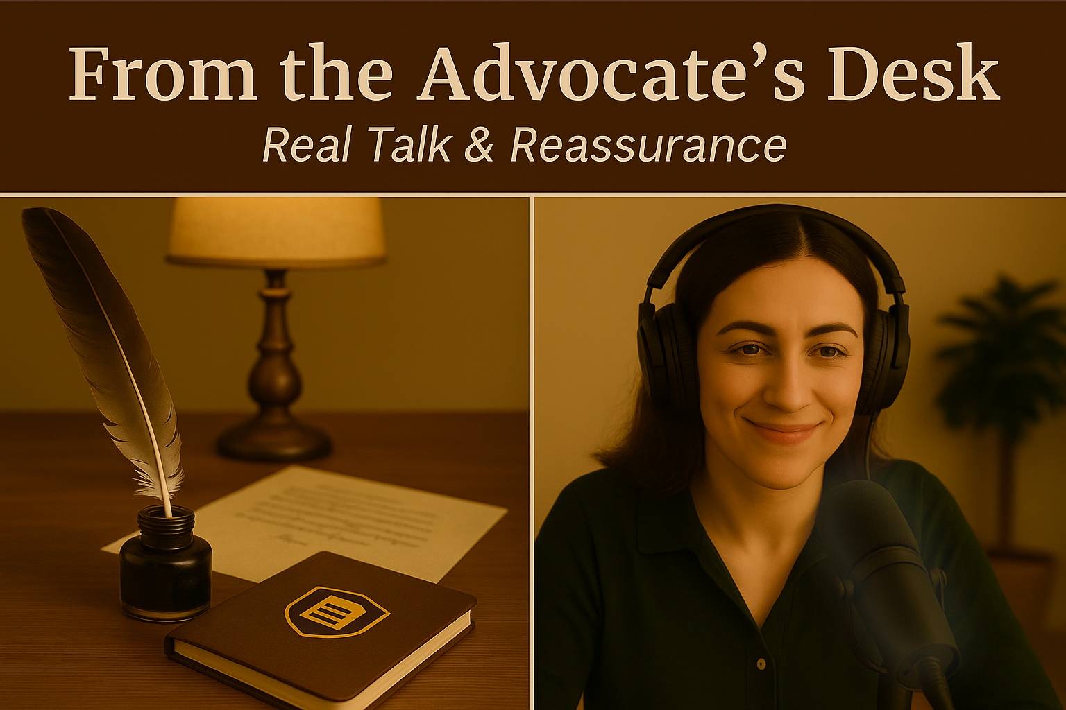 Two-panel image showing a desk with a quill, notebook, and letter alongside a woman speaking into a microphone — representing From the Advocate’s Desk: Real Talk and Reassurance for federal debt support.