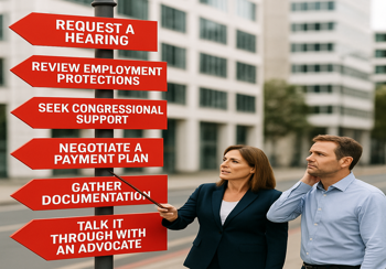 Man and woman standing by a signpost listing options like Request a Hearing, Seek Congressional Support, and Negotiate a Payment Plan — representing Coaching Sessions to help map out your federal debt next steps.”
